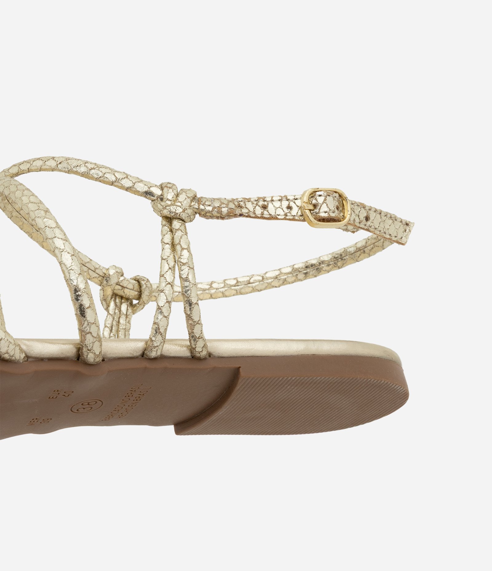 Sandália Rasteira com Bico Folha e Tiras com Efeito Cobra Dourado 4