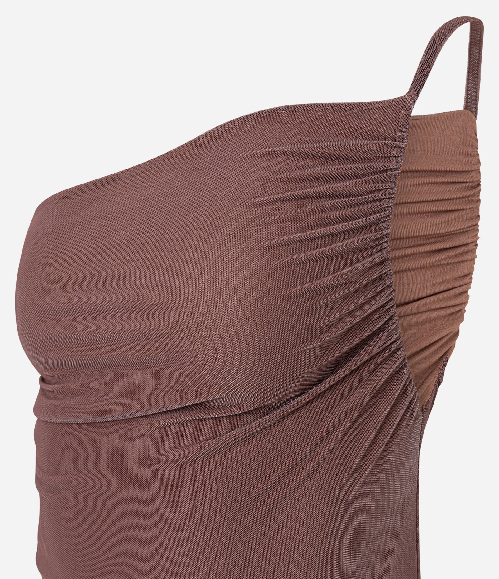 Blusa Ombro Só em Tule com Alça Fina e Franzidos Marrom 6
