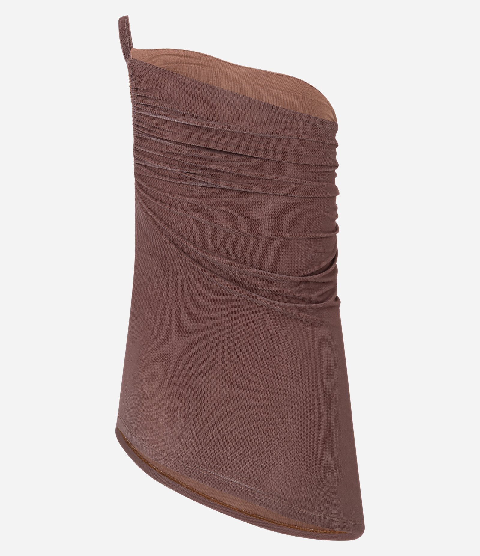 Blusa Ombro Só em Tule com Alça Fina e Franzidos Marrom 7