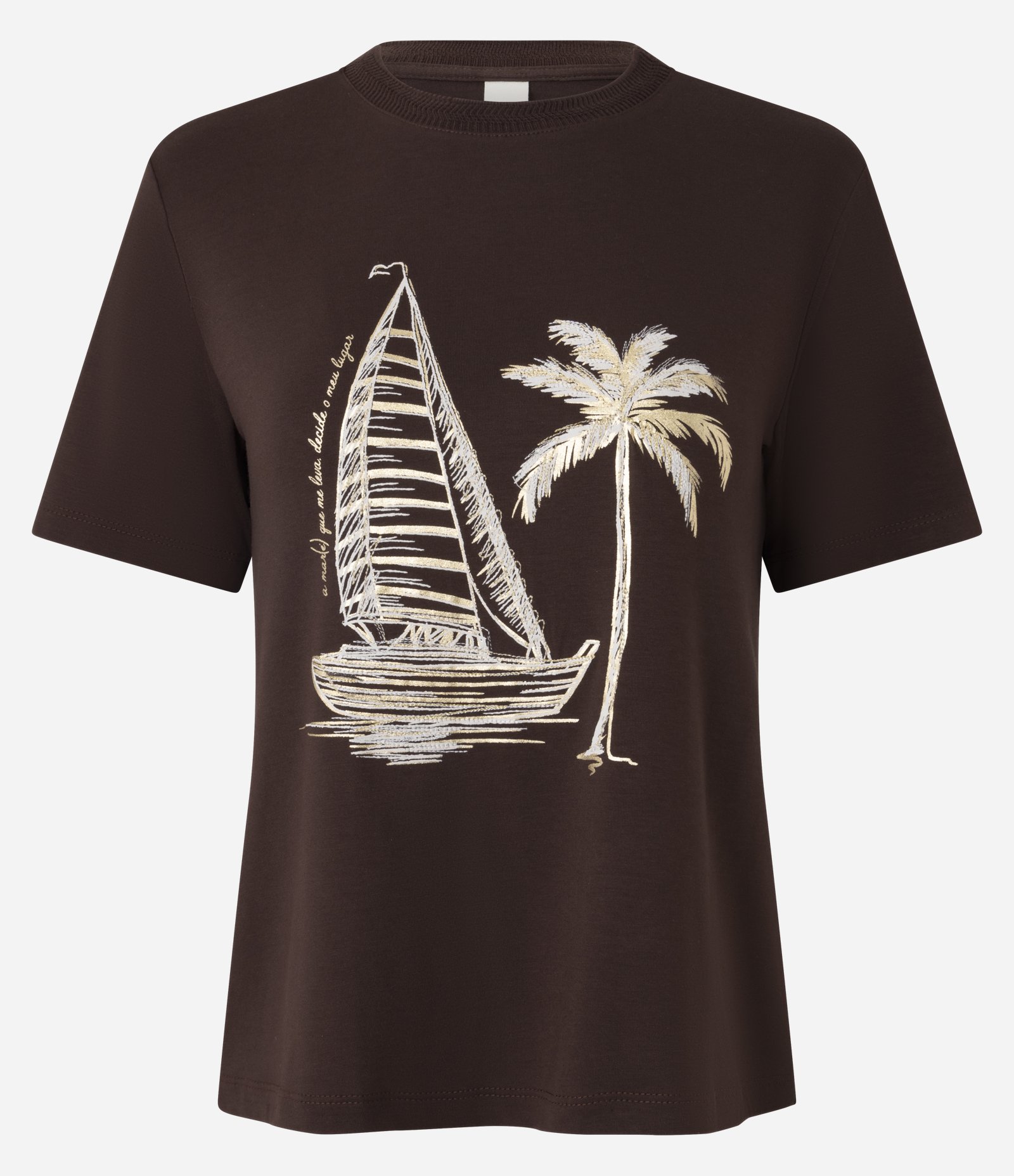 Blusa Slim em Algodão com Estampa Barco e Coqueiro Marrom 5