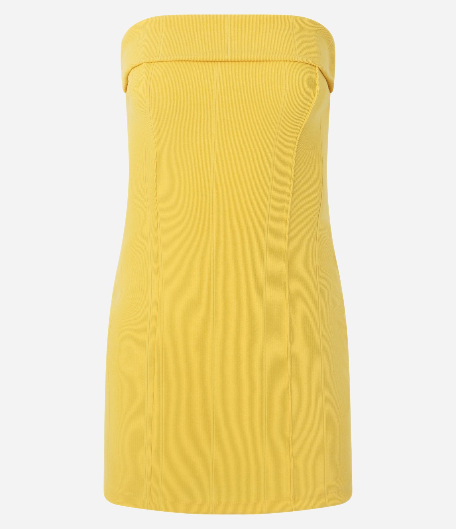Vestido Tubinho Curto Sem Manga com Decote Dobrado Amarelo 4