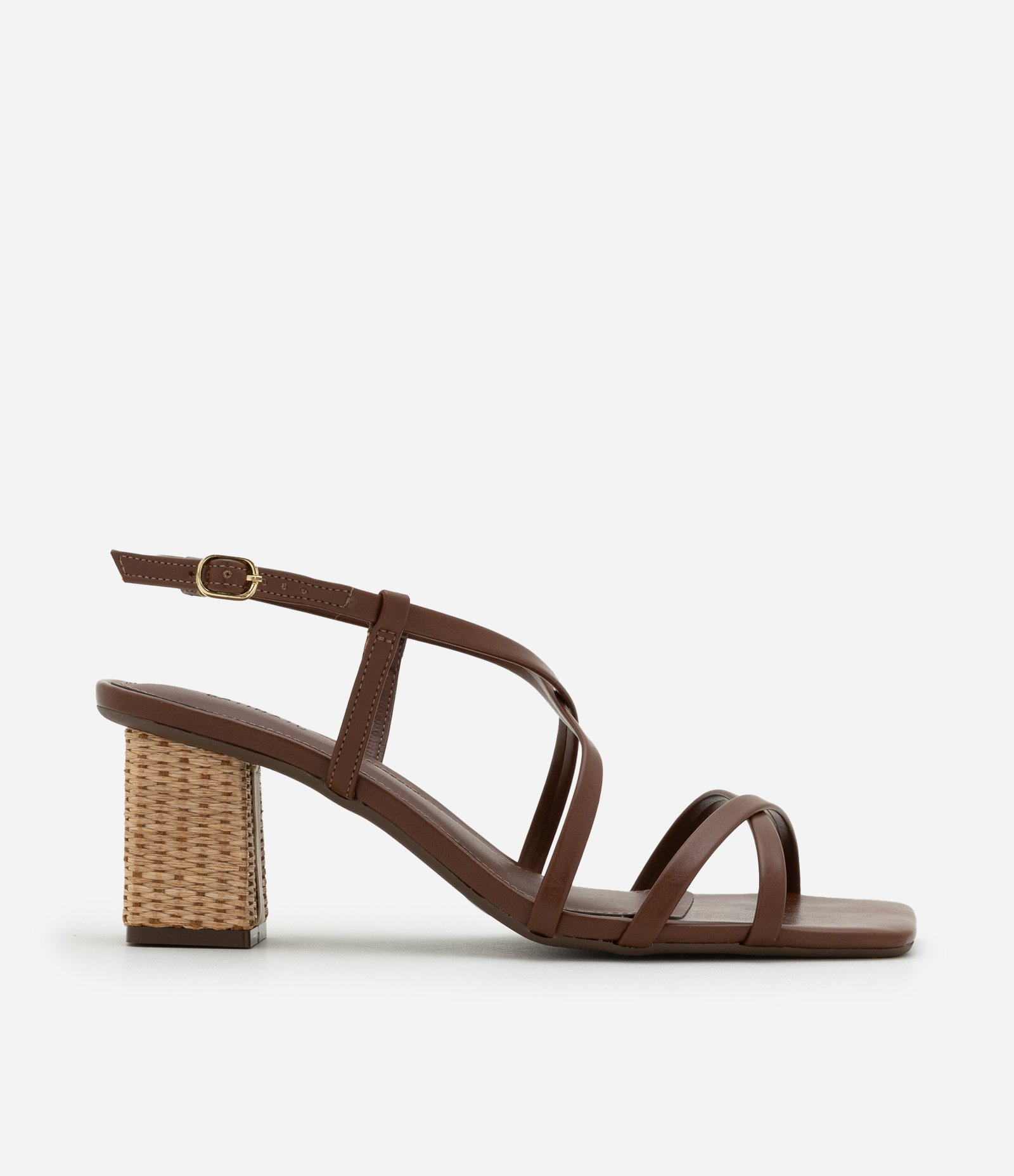 Sandália de Bico Redondo em PU com Tiras e Salto Alto Marrom 1