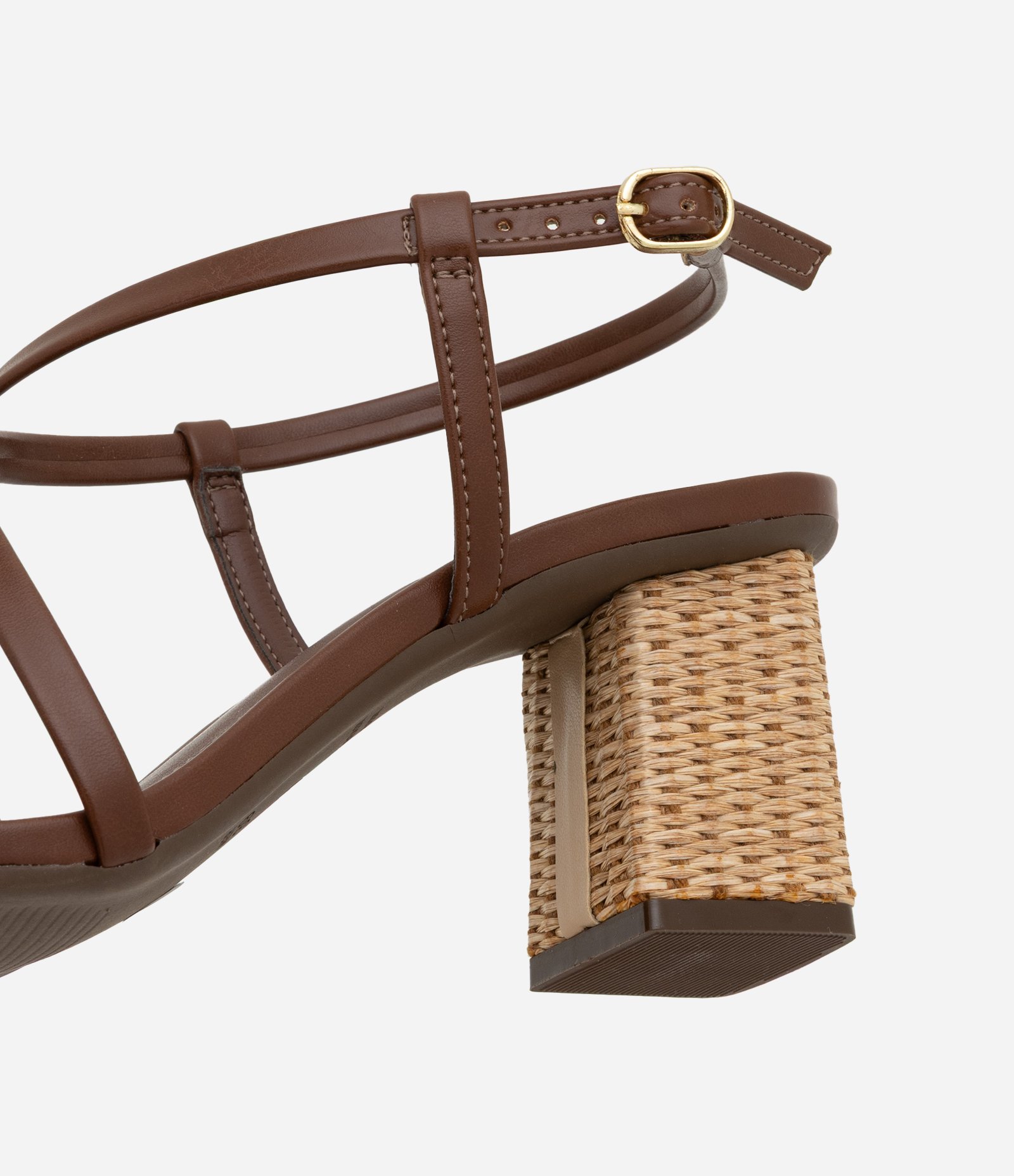 Sandália de Bico Redondo em PU com Tiras e Salto Alto Marrom 3