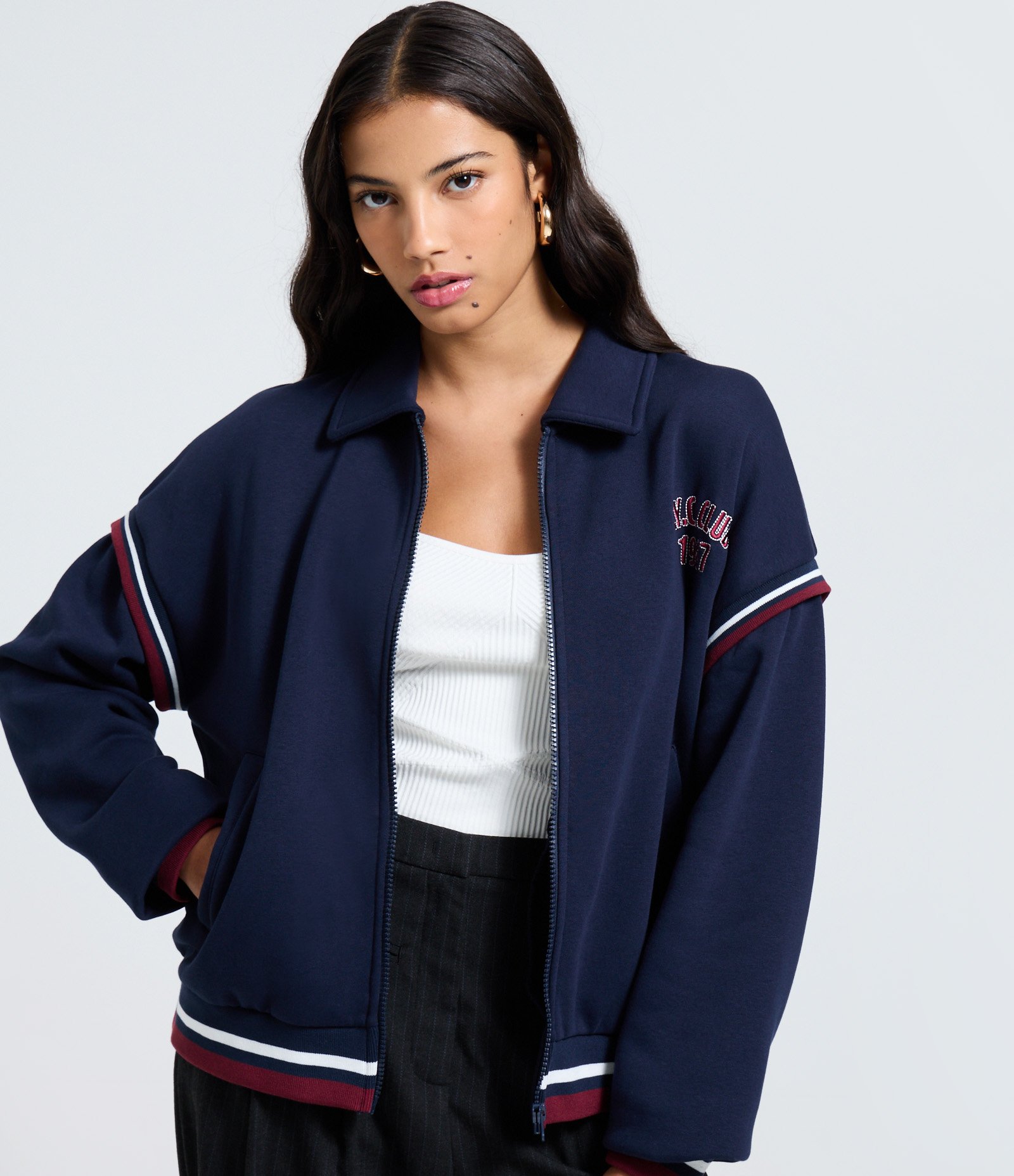 Jaqueta em Moletom com Felpa e Gola Colarinho College Nyc Club Azul 3