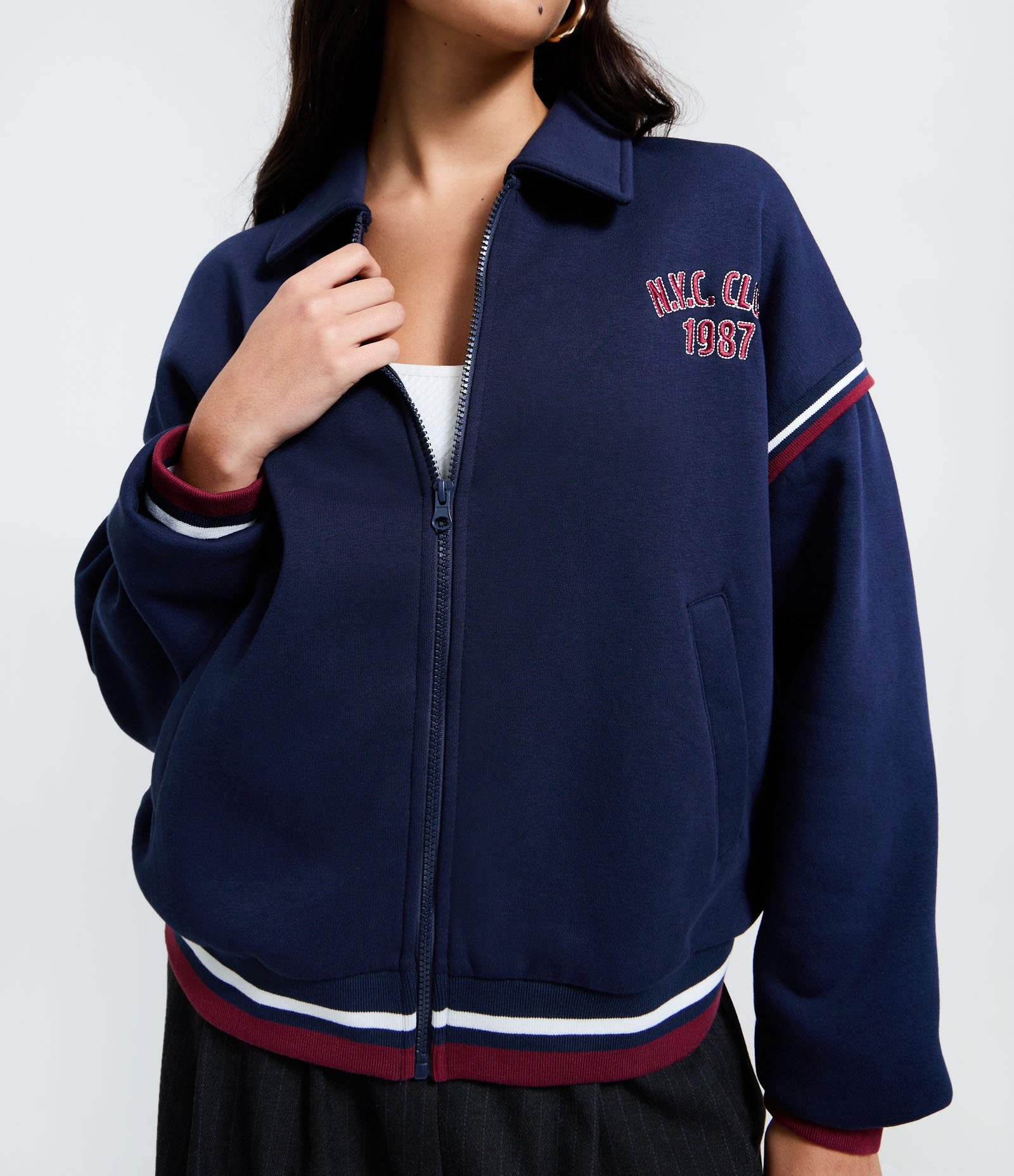 Jaqueta em Moletom com Felpa e Gola Colarinho College Nyc Club Azul 4