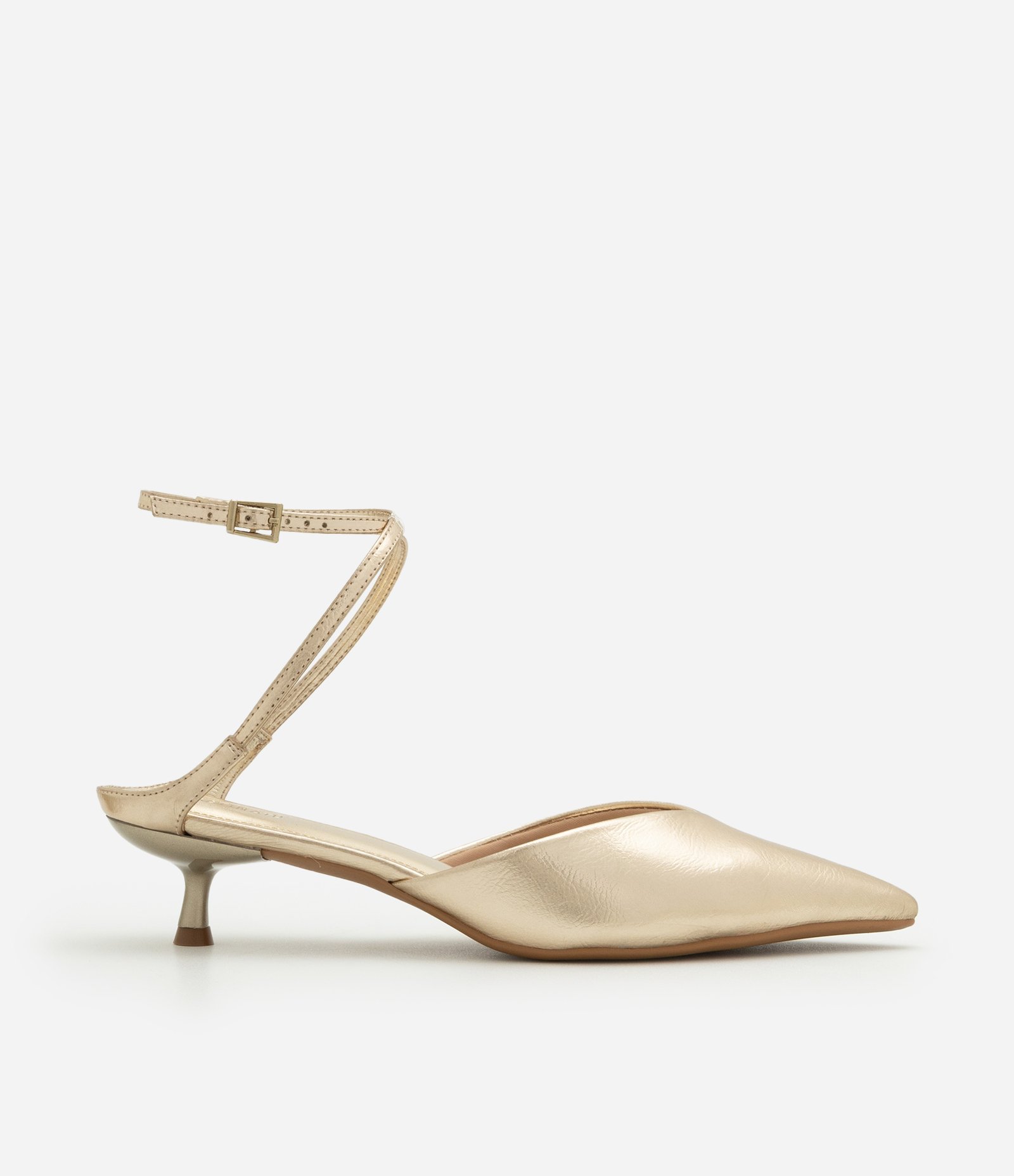 Sapato Scarpin com Tira Cruzada e Salto Fino Dourado 1