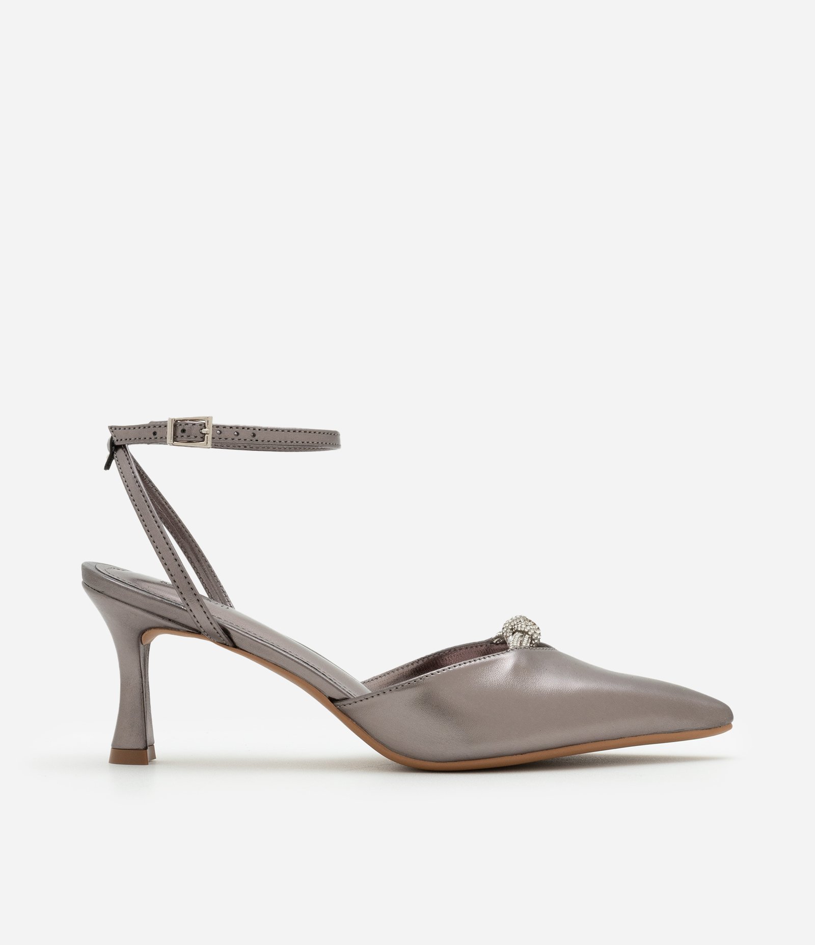 Sapato Scarpin com Detalhe de Nó em Strass Prata Envelhecido 1