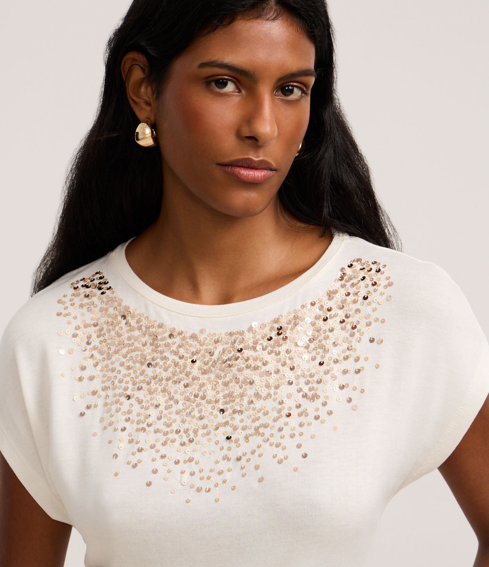 Blusa em Viscose com Paetês Metalizados no Peito Off White 3