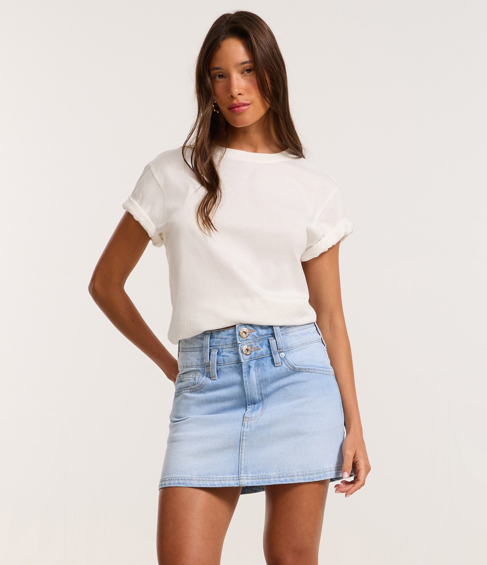 Saia Mini em Jeans com Cós Duplo Azul 2