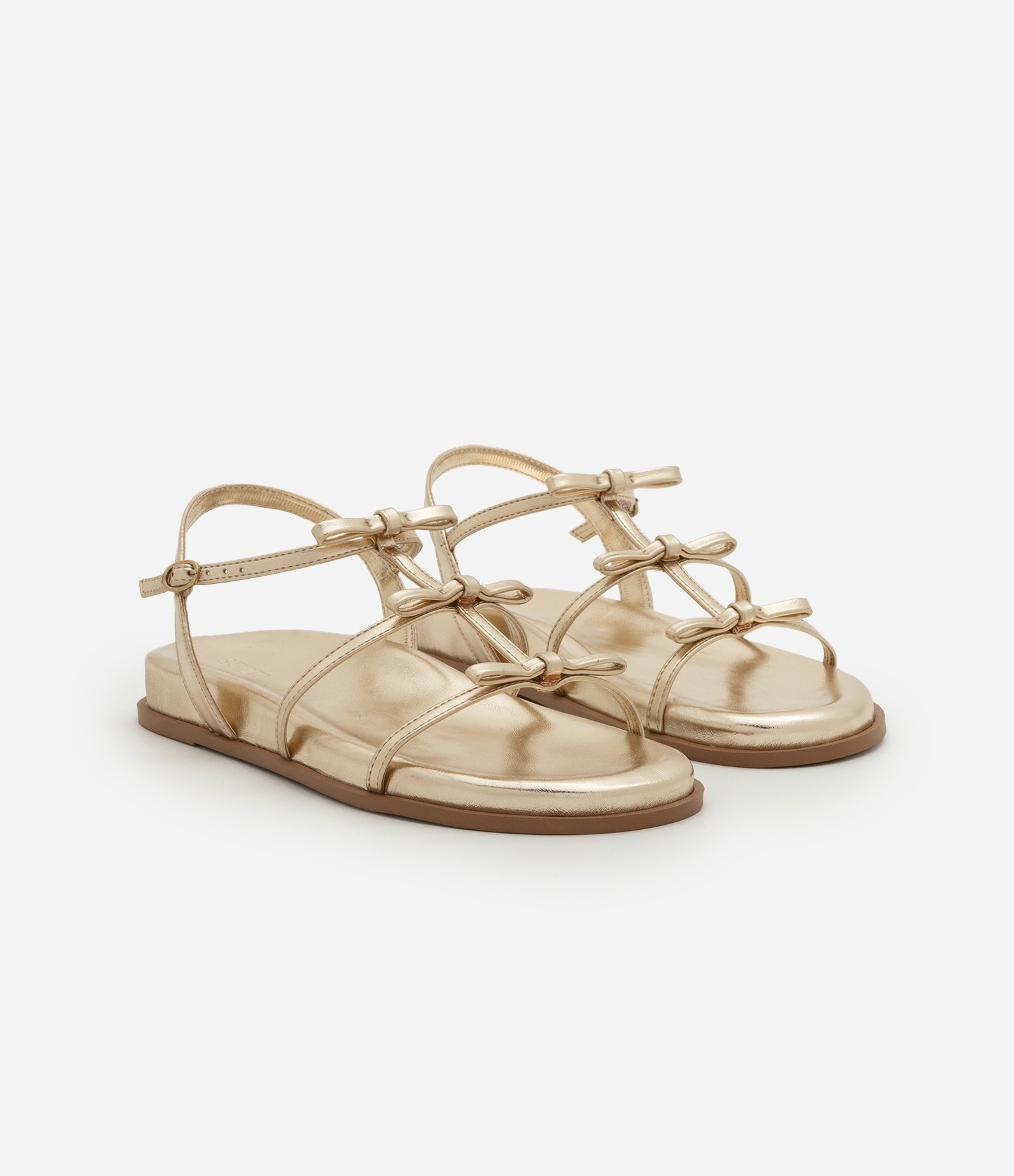 Sandália Rasteira com Tiras Finas com Lacinhos Aplicados Dourado 3