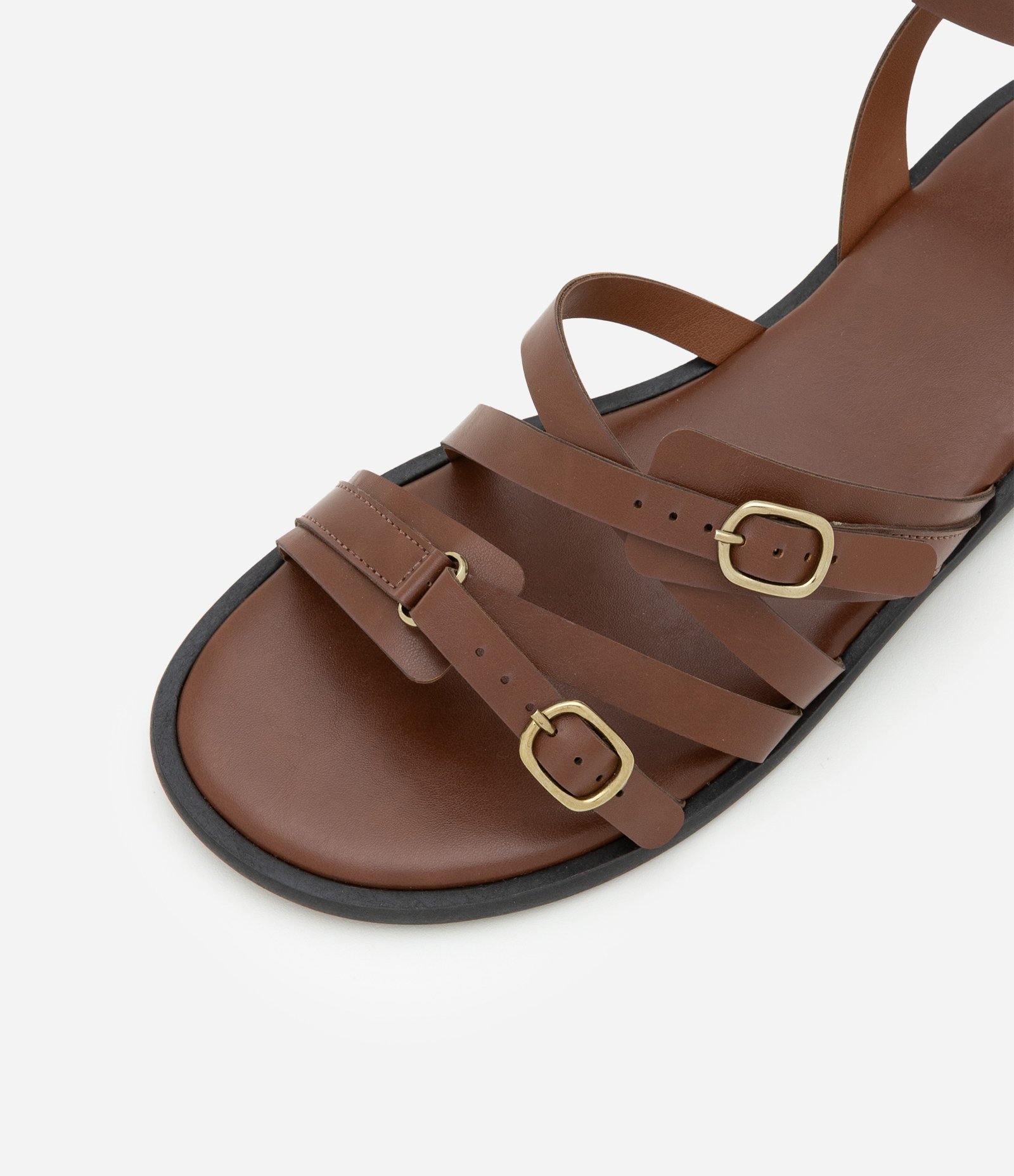 Sandália Rasteira de Tiras em PU com Múltiplas Fivelas Marrom 3