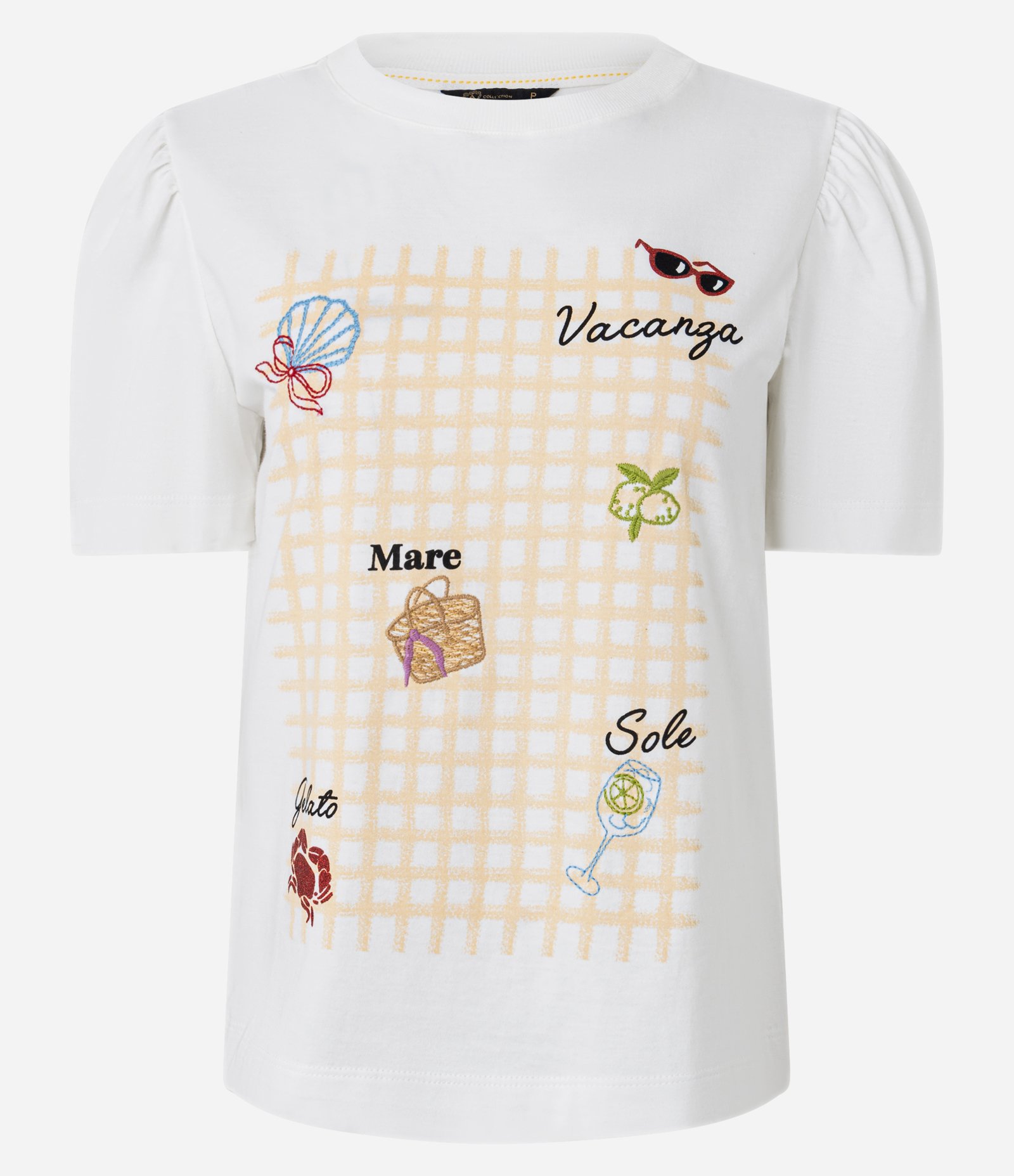 Blusa em Algodão com Estampa Xadrez e Bordados Tropicais Branco 5