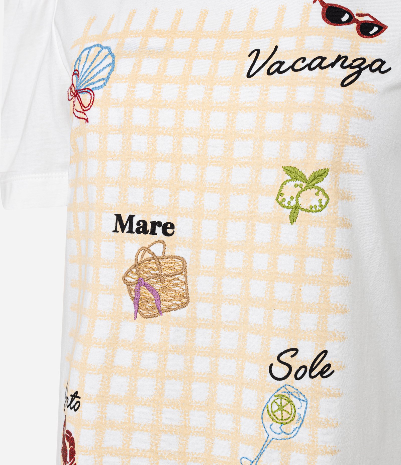 Blusa em Algodão com Estampa Xadrez e Bordados Tropicais Branco 6