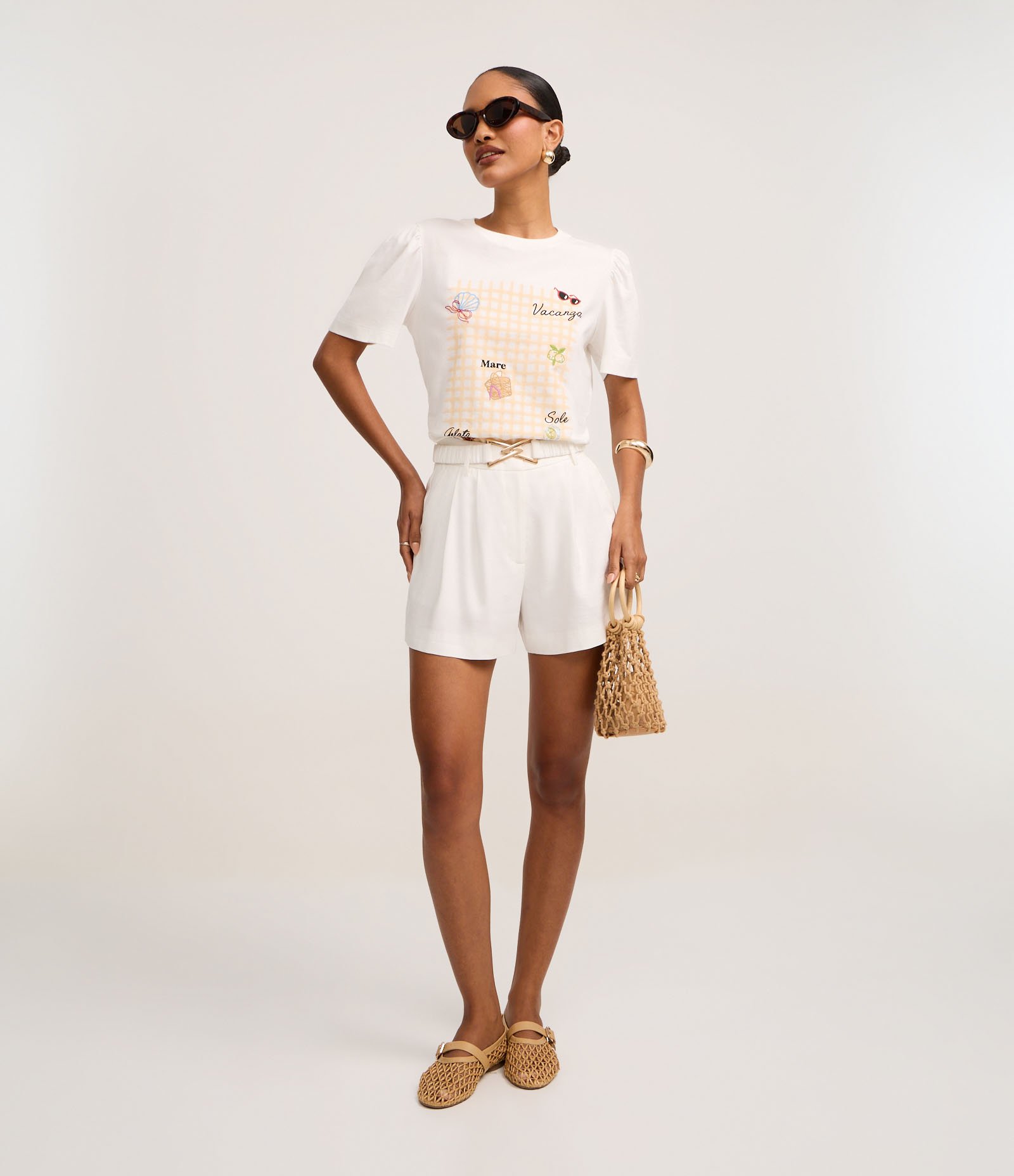 Blusa em Algodão com Estampa Xadrez e Bordados Tropicais Branco 2