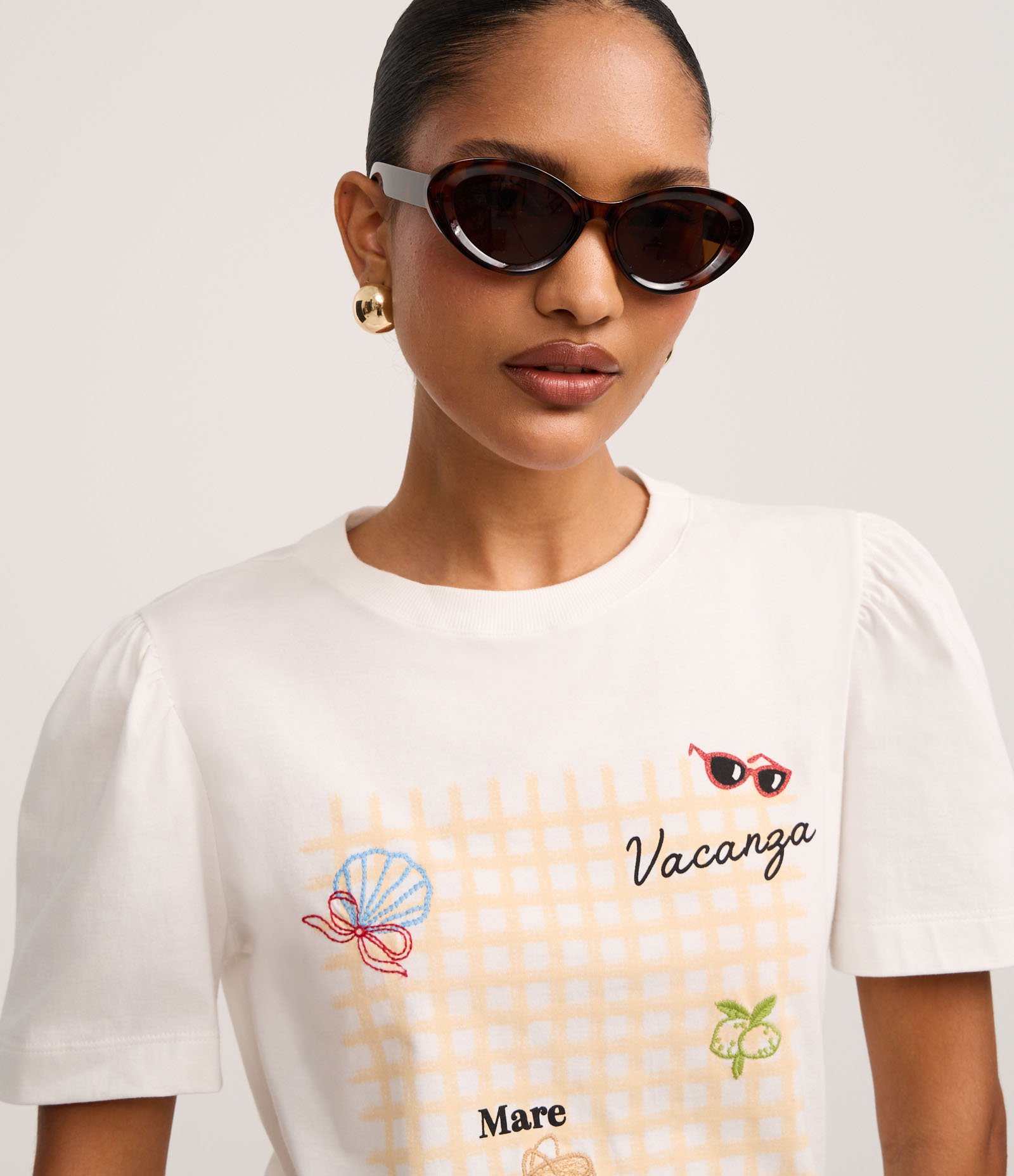 Blusa em Algodão com Estampa Xadrez e Bordados Tropicais Branco 3