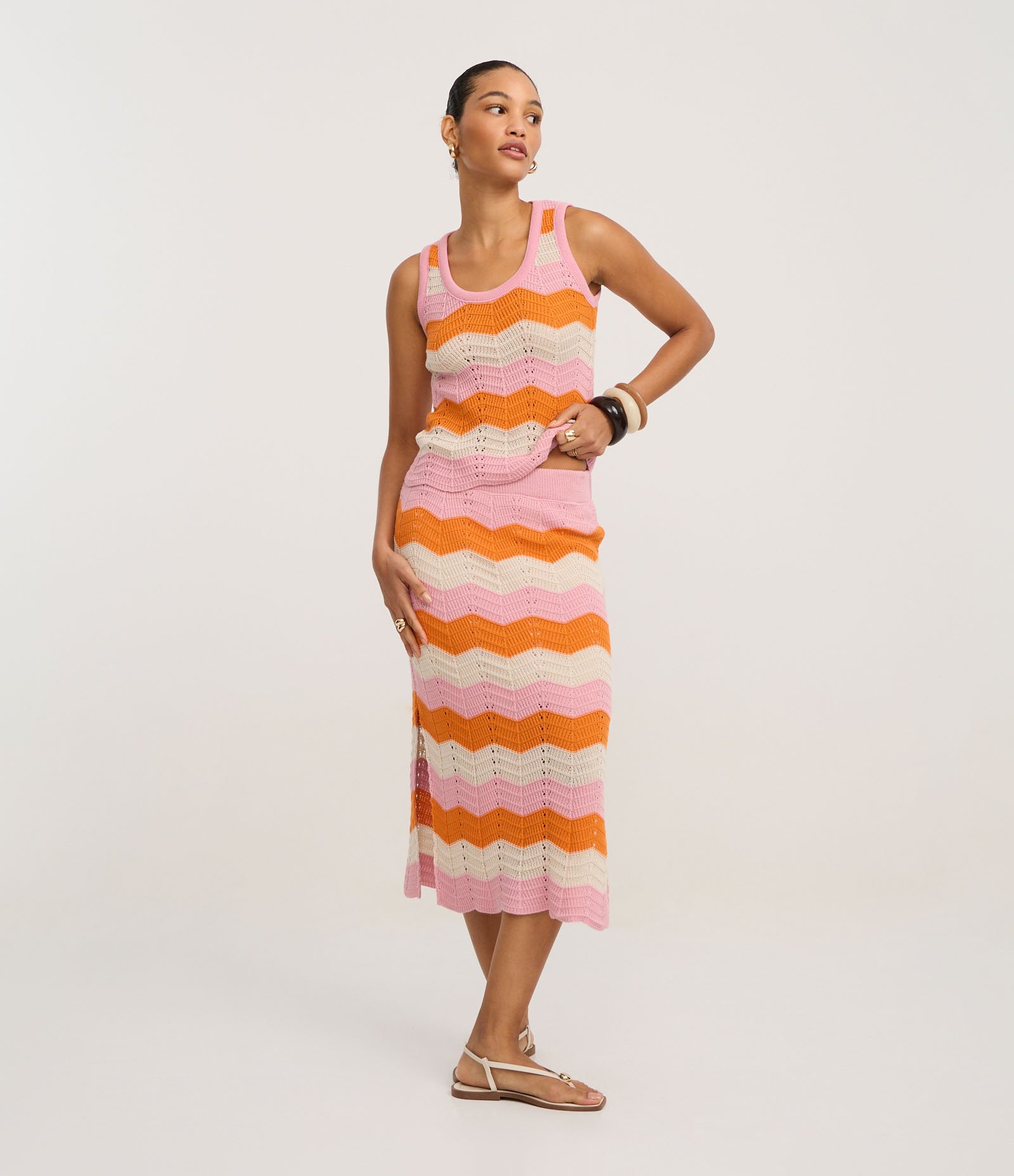 Blusa em Tricô com Decote U e Listras Horizontais Zigue-Zague Rosa/Laranja.Off White 2