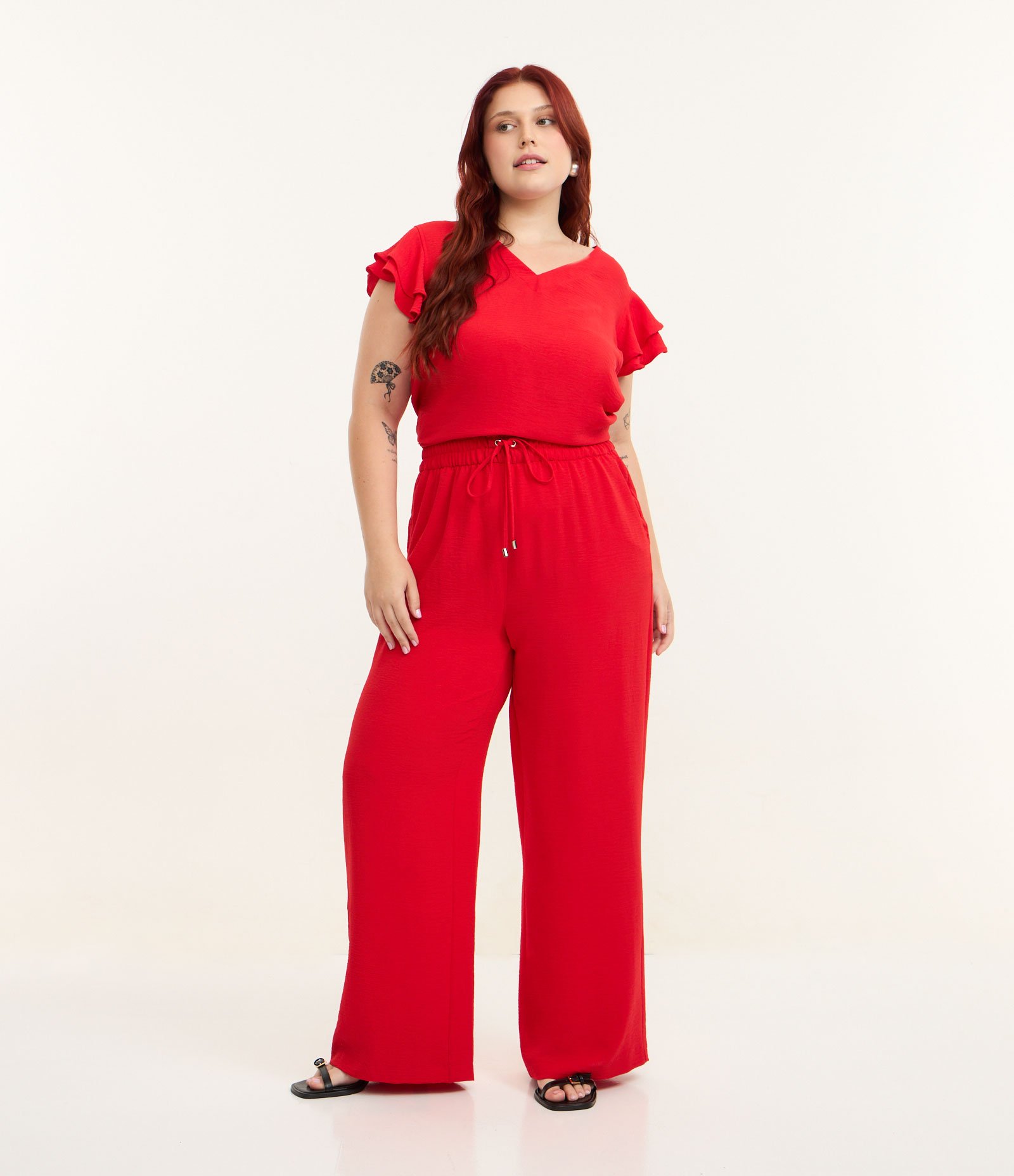 Calça Pantalona em Crepe com Cós Elástico Curve & Plus Size Vermelho 1