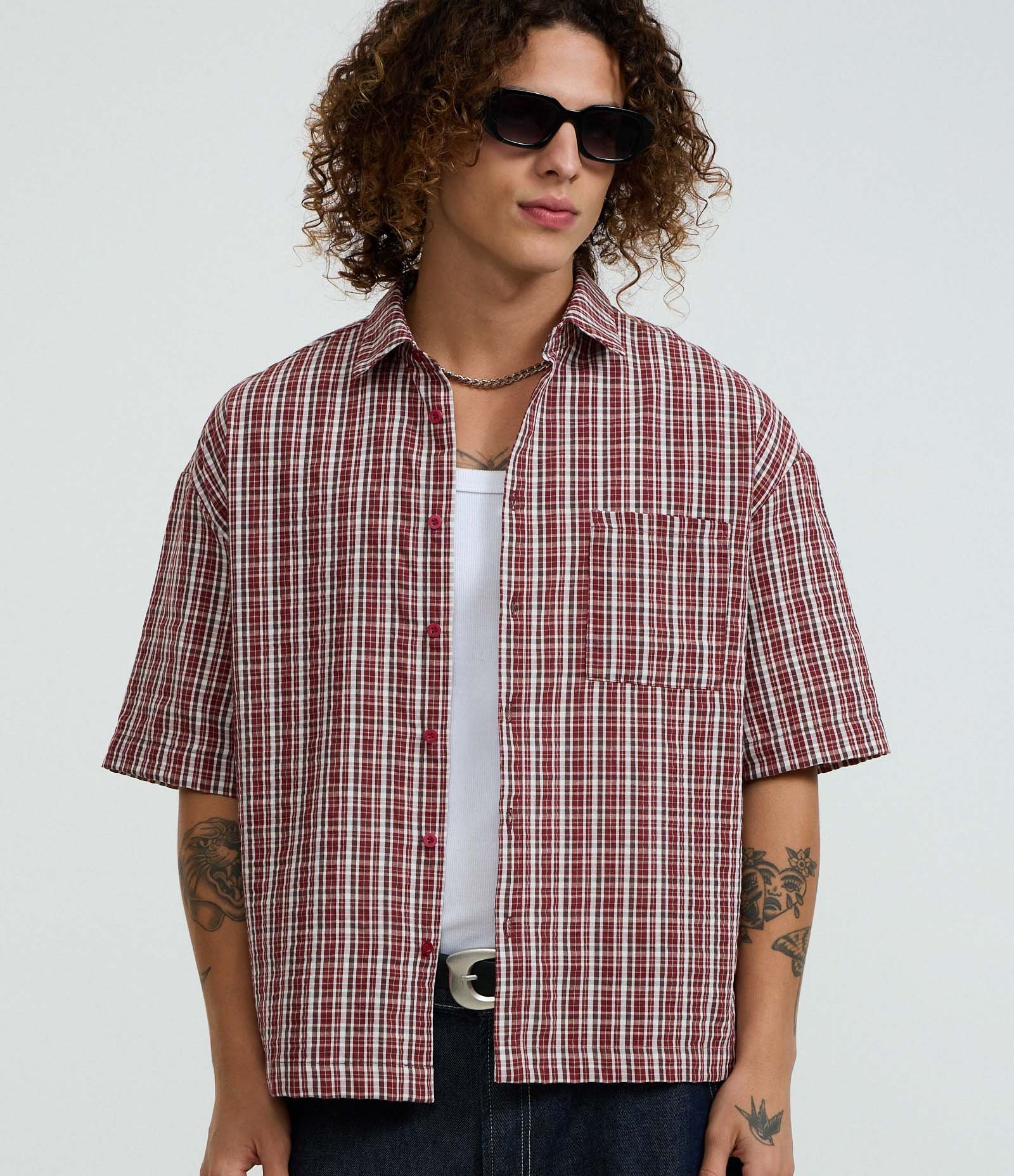 Camisa Oversized em Tricoline com Estampa Xadrez Vermelho 1