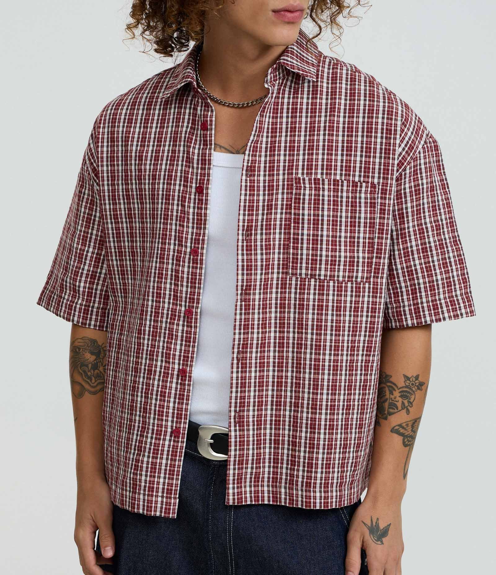 Camisa Oversized em Tricoline com Estampa Xadrez Vermelho 3