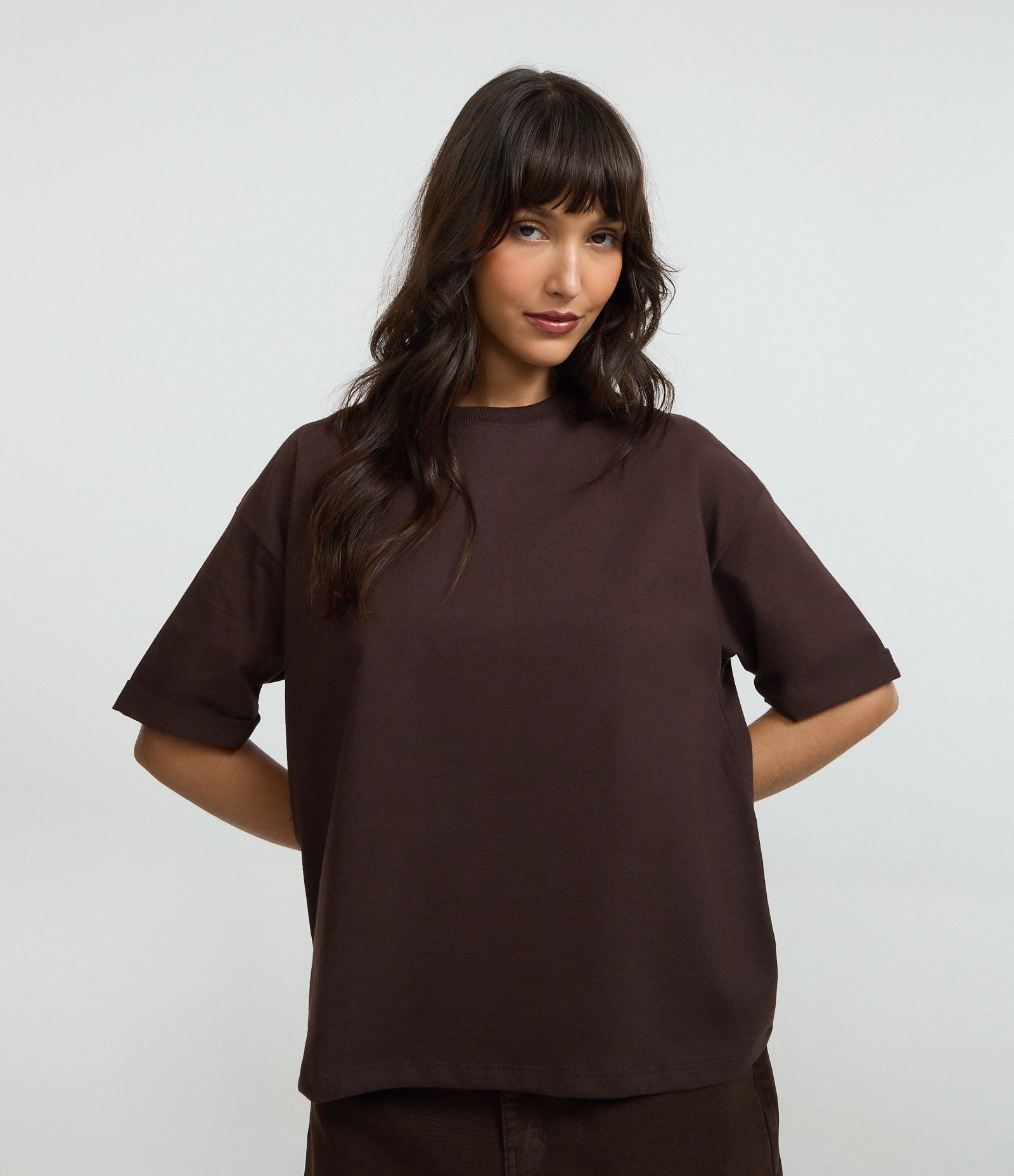 Camiseta Oversized em Algodão com Manga Dobrada Marrom 1