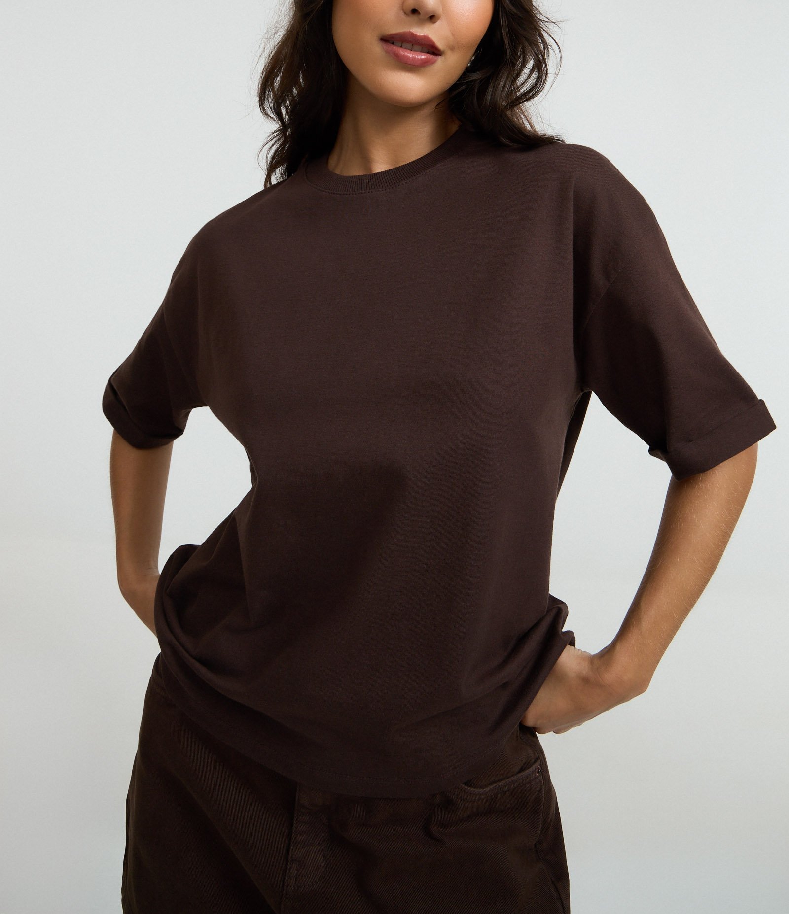 Camiseta Oversized em Algodão com Manga Dobrada Marrom 3
