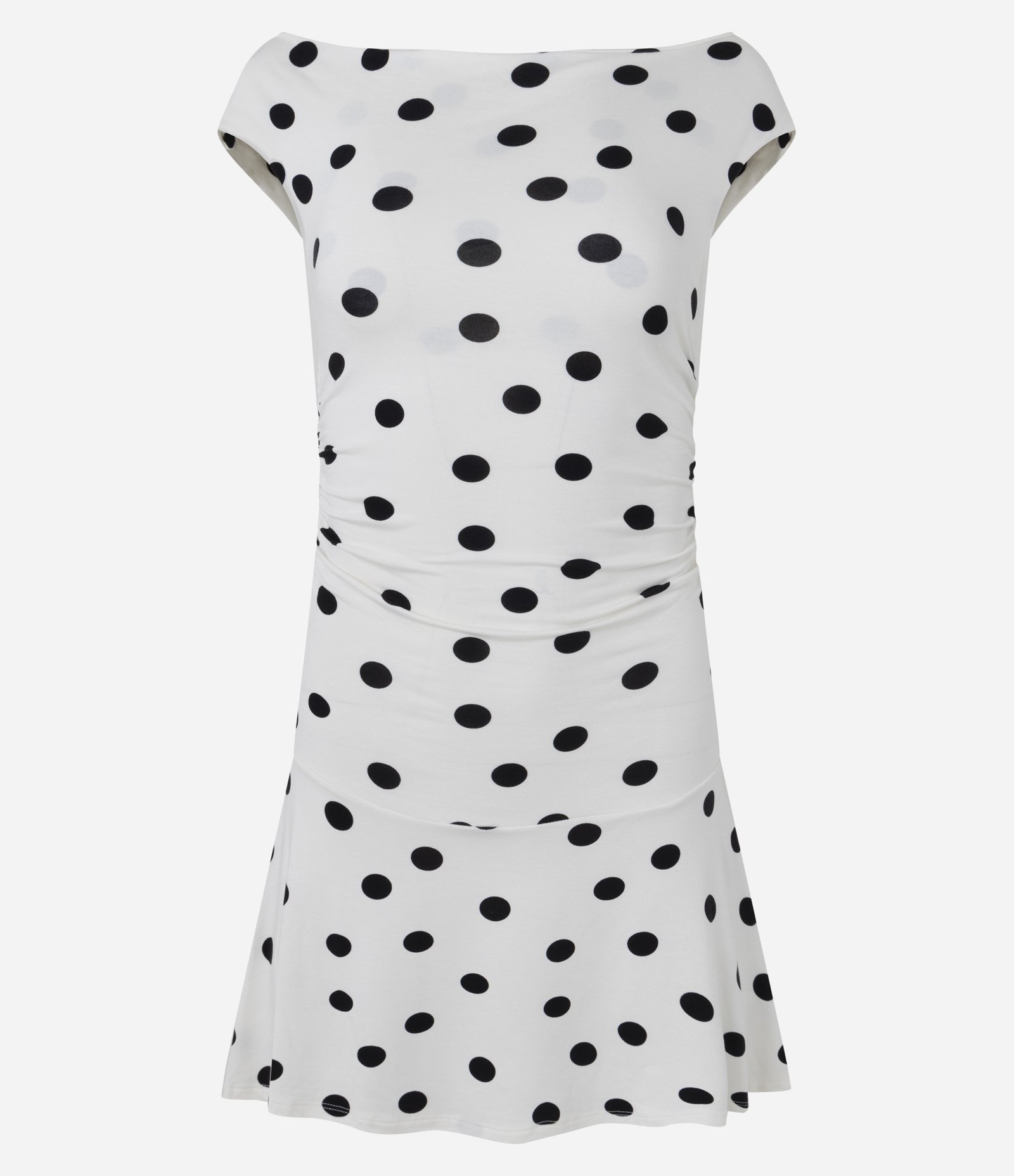 Vestido Curto em Viscose com Estampa Poá e Ombro Único Off White/Preto 5