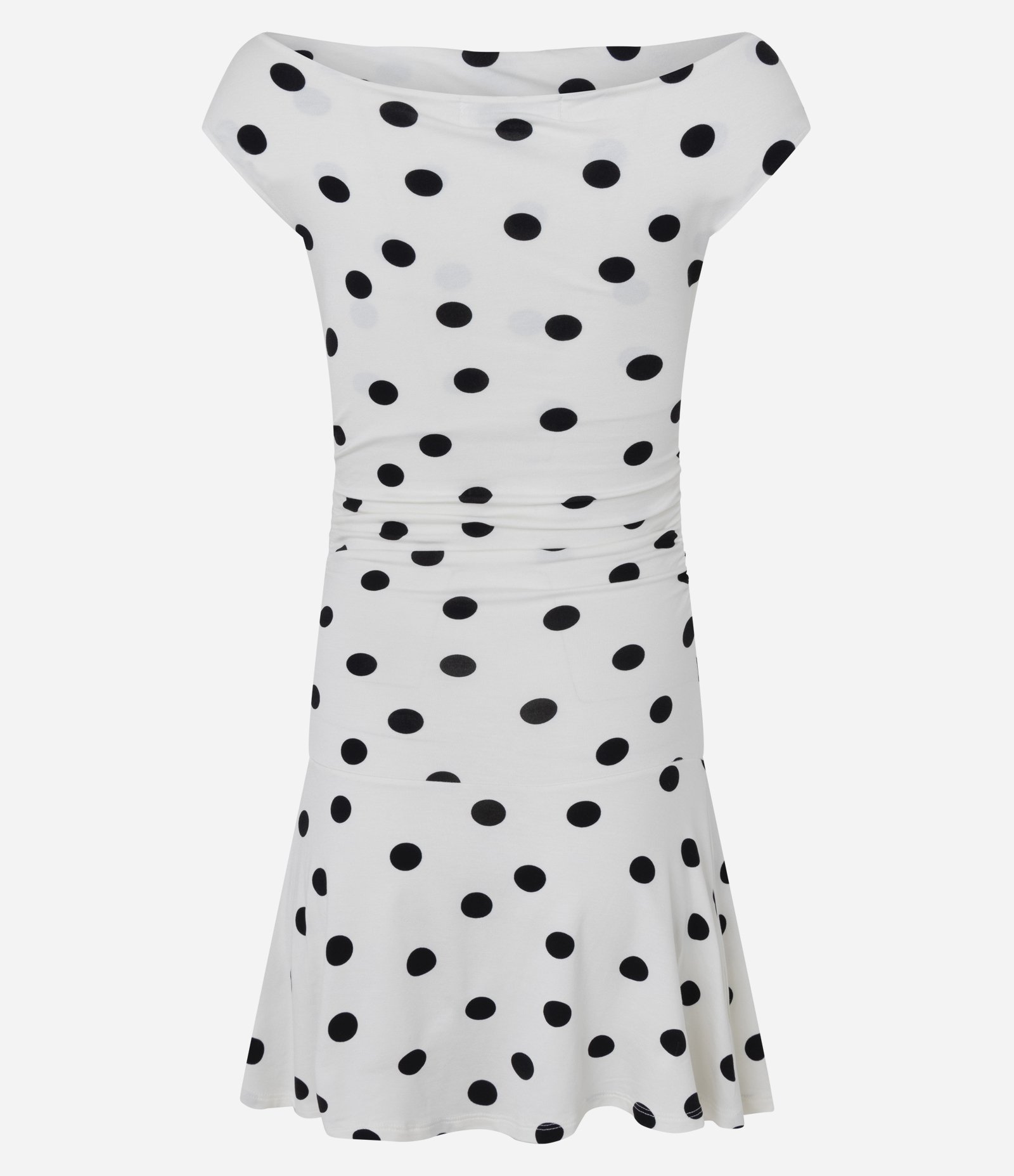 Vestido Curto em Viscose com Estampa Poá e Ombro Único Off White/Preto 6