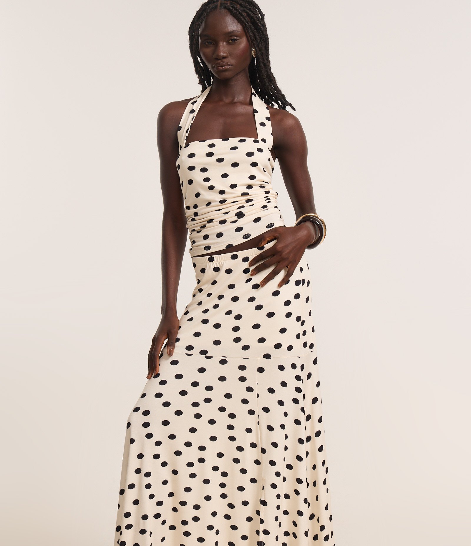 Saia Godê Long Midi em Viscose com Estampa Poá Bege 2