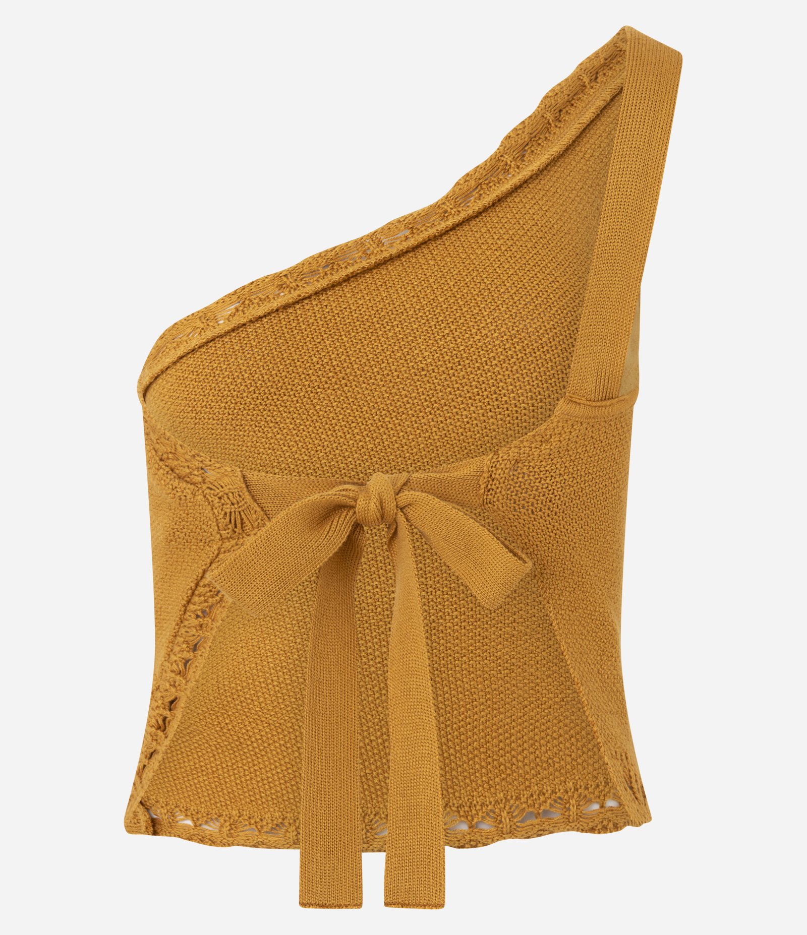 Blusa Ombro Só em Tricô com e Renda de Efeito Crochê Amarelo 11