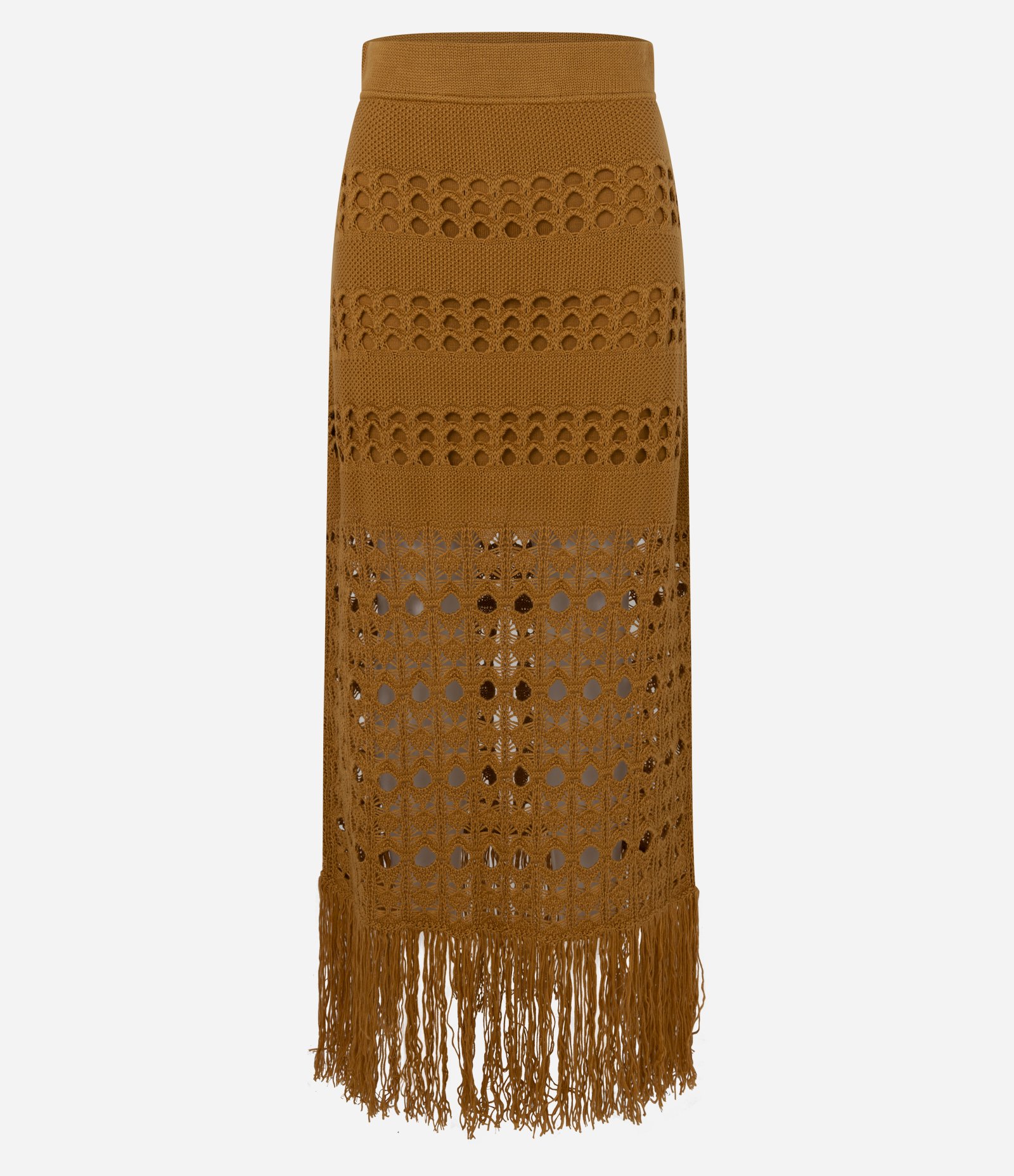 Saia Midi em Tricô com Ponto Vazado e Franjas Amarelo 9