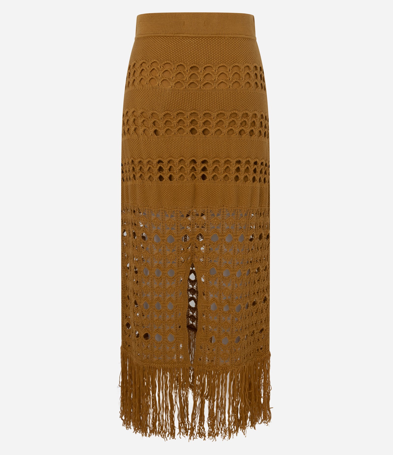 Saia Midi em Tricô com Ponto Vazado e Franjas Amarelo 11