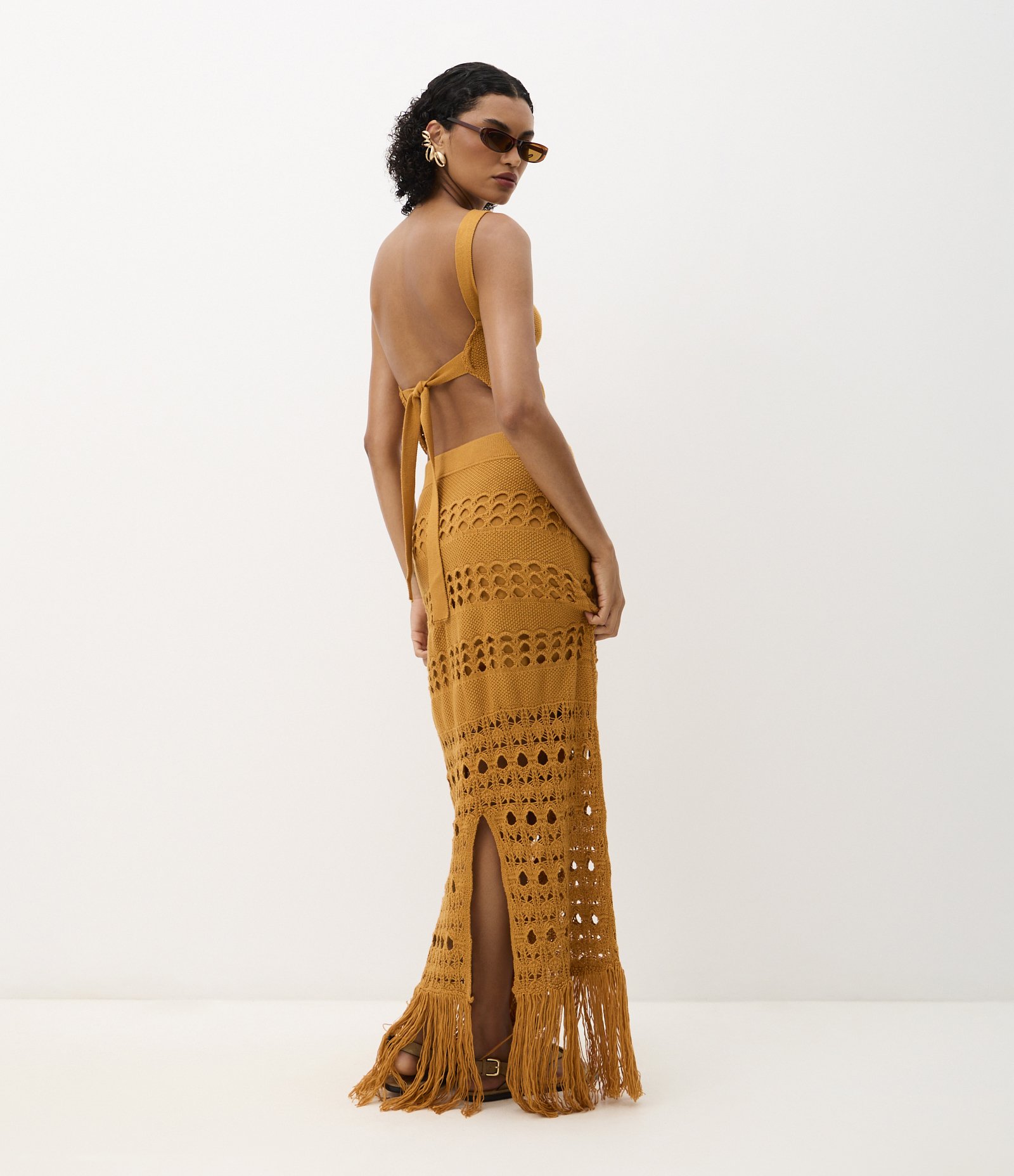 Saia Midi em Tricô com Ponto Vazado e Franjas Amarelo 7