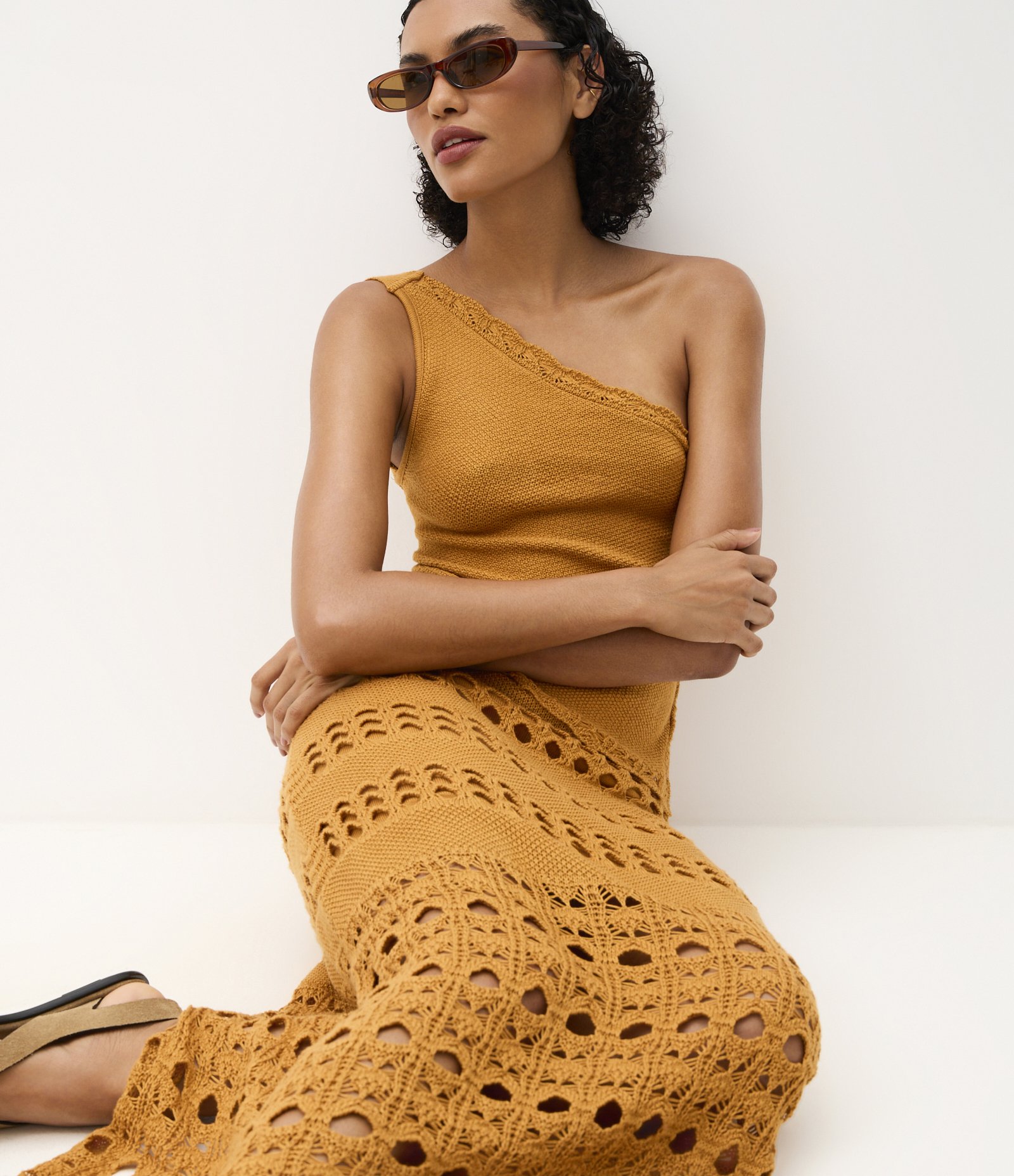 Saia Midi em Tricô com Ponto Vazado e Franjas Amarelo 8