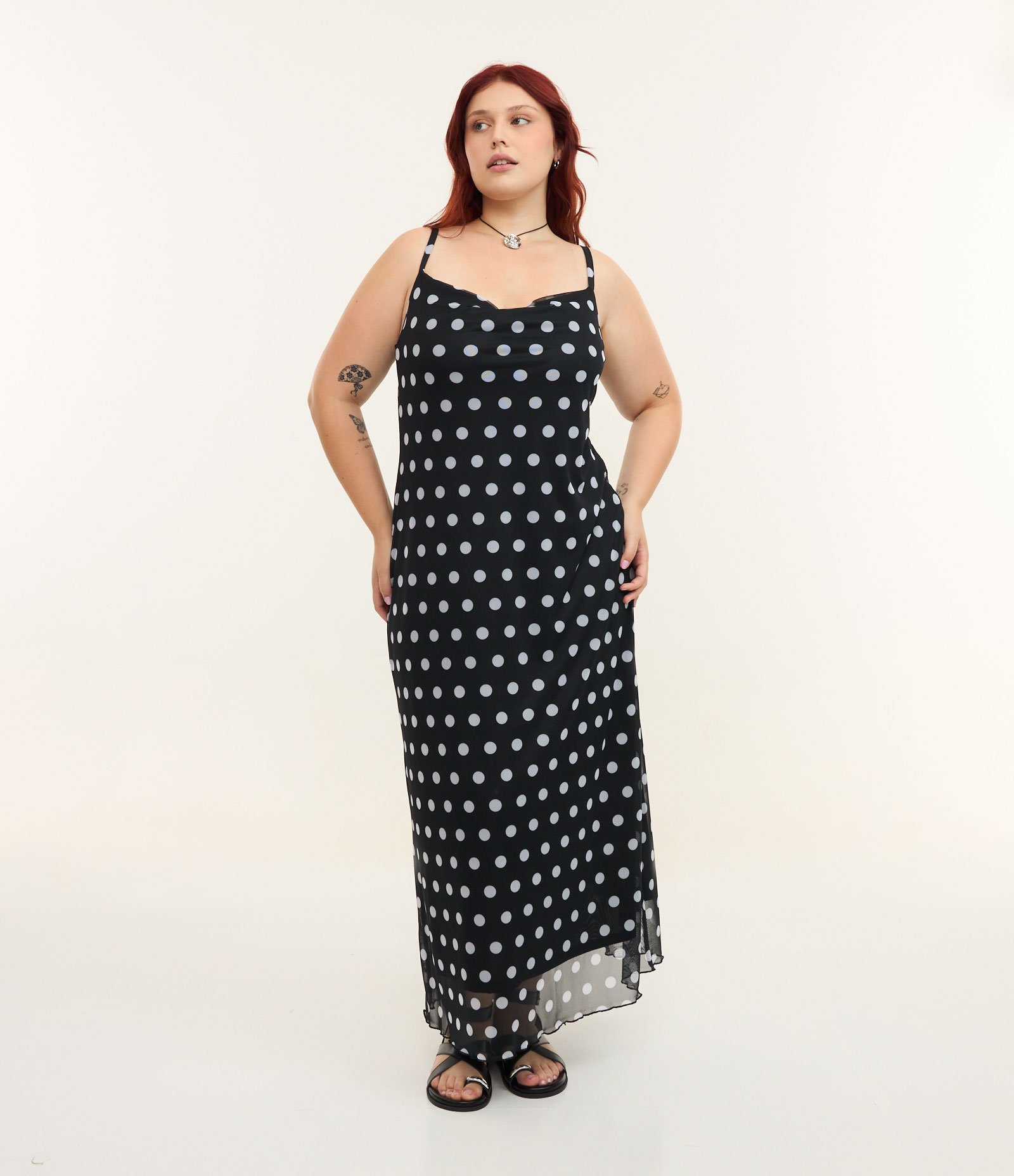 Vestido Alcinha em Tule com Estampa Poá Curve & Plus Size Preto 1