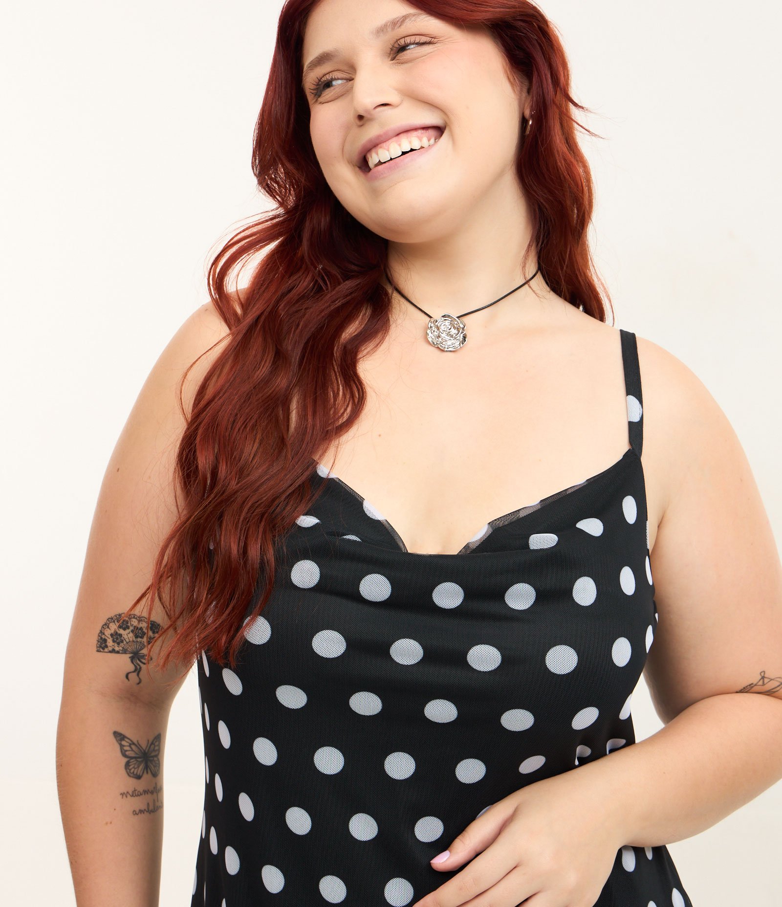 Vestido Alcinha em Tule com Estampa Poá Curve & Plus Size Preto 3