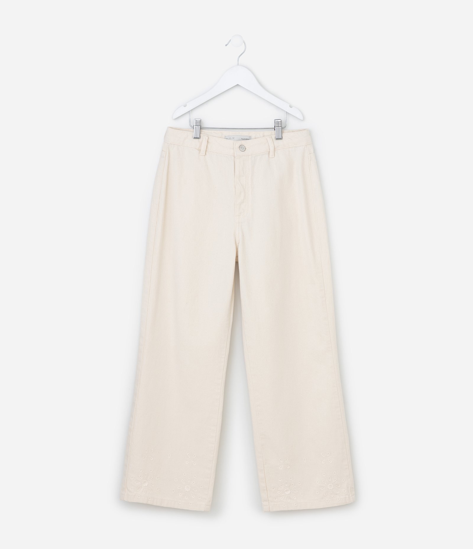 Calça Infantil Wide Leg em Sarja com Broderie na Barra - Tam 7 a 14 Anos Bege 1