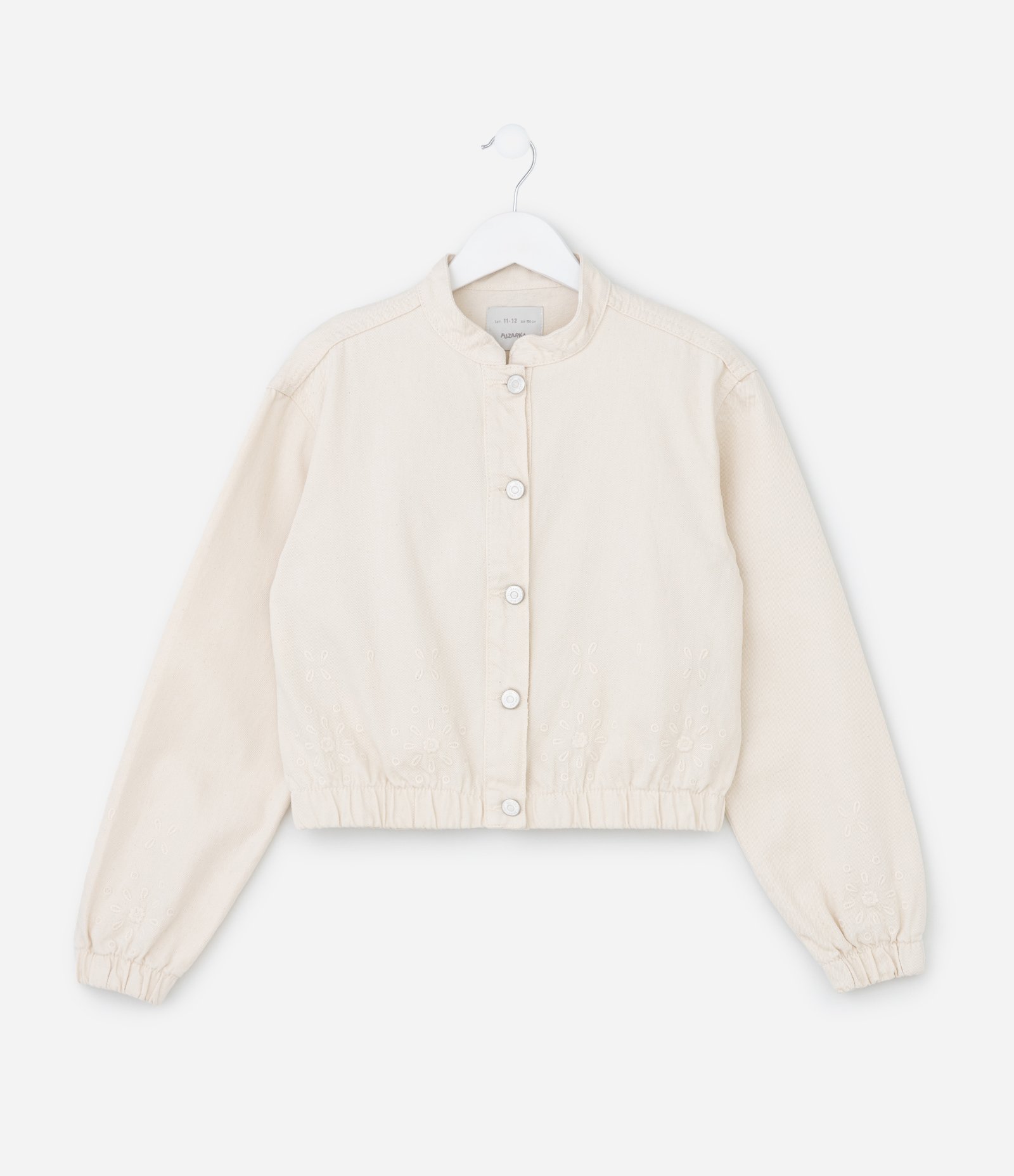 Jaqueta Infantil Bomber em Sarja com Bordado Broderie - Tam 7 a 14 Anos Bege 1