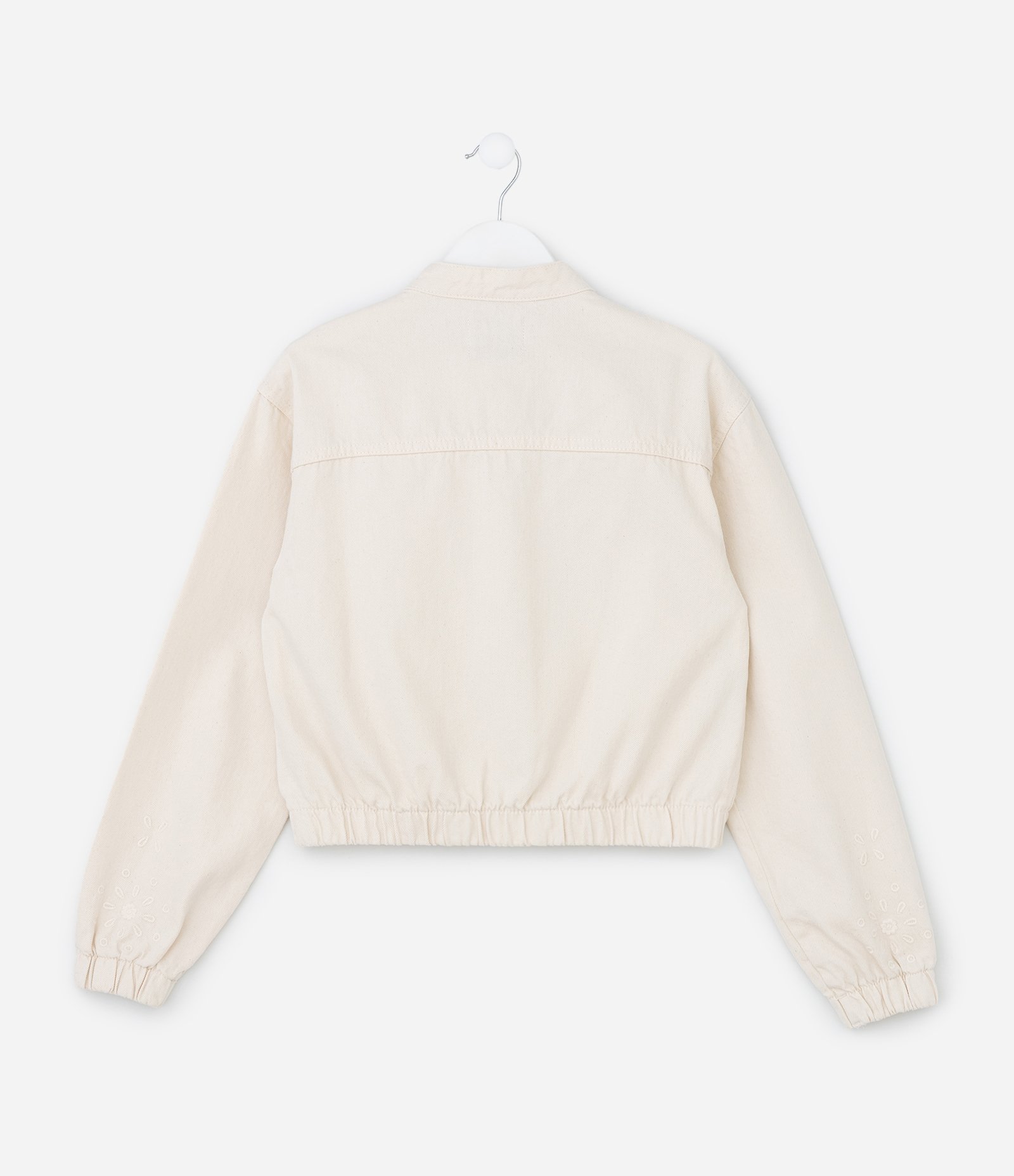 Jaqueta Infantil Bomber em Sarja com Bordado Broderie - Tam 7 a 14 Anos Bege 2