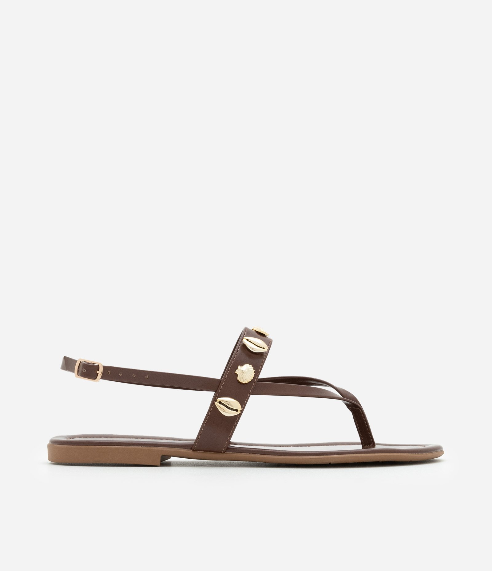 Sandália Rasteira com Tiras Finas e Pingentes de Fundo do Mar Marrom 1