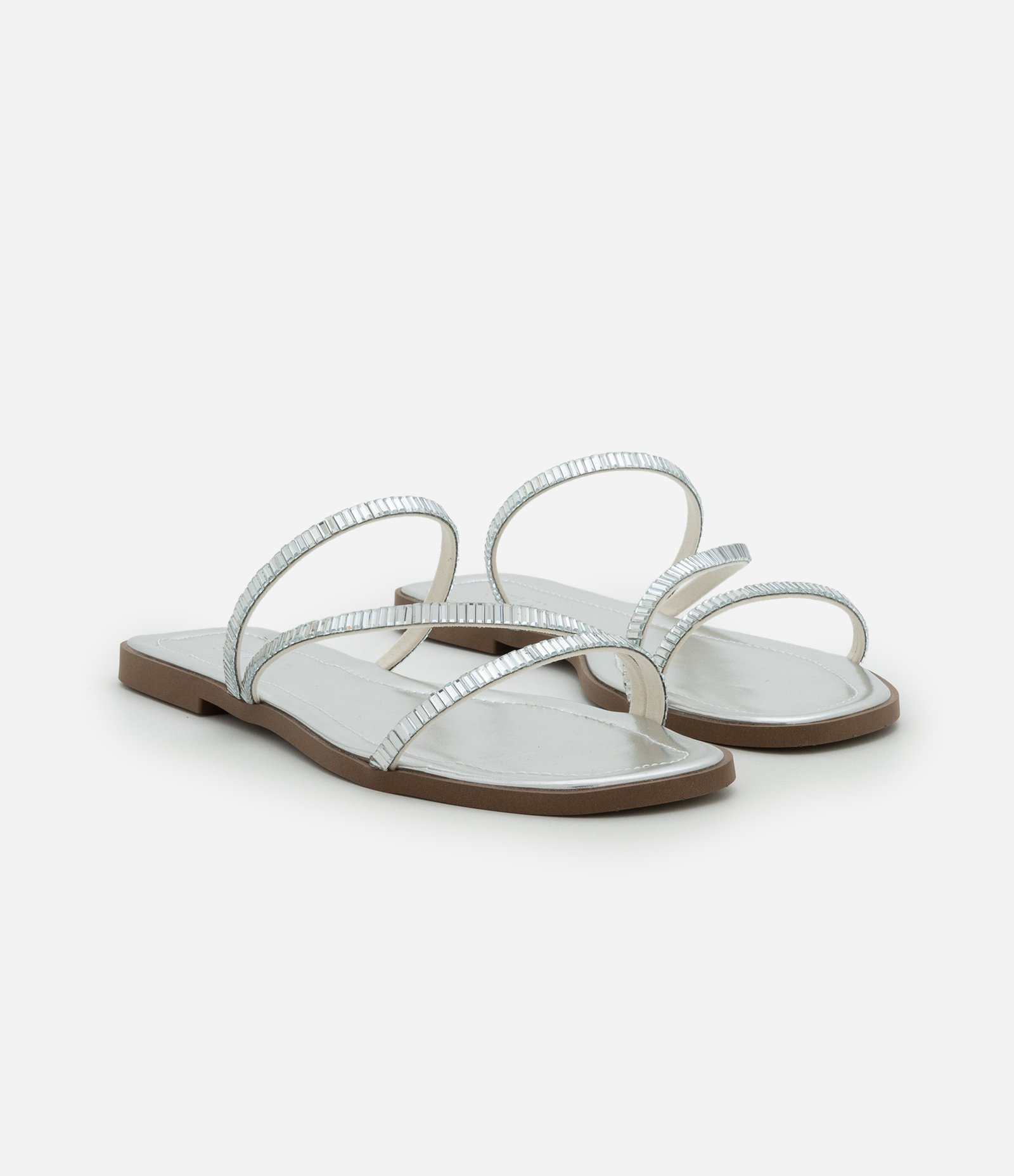 Sandália Rasteira com Tiras Finas e Espelinhos Prata 2