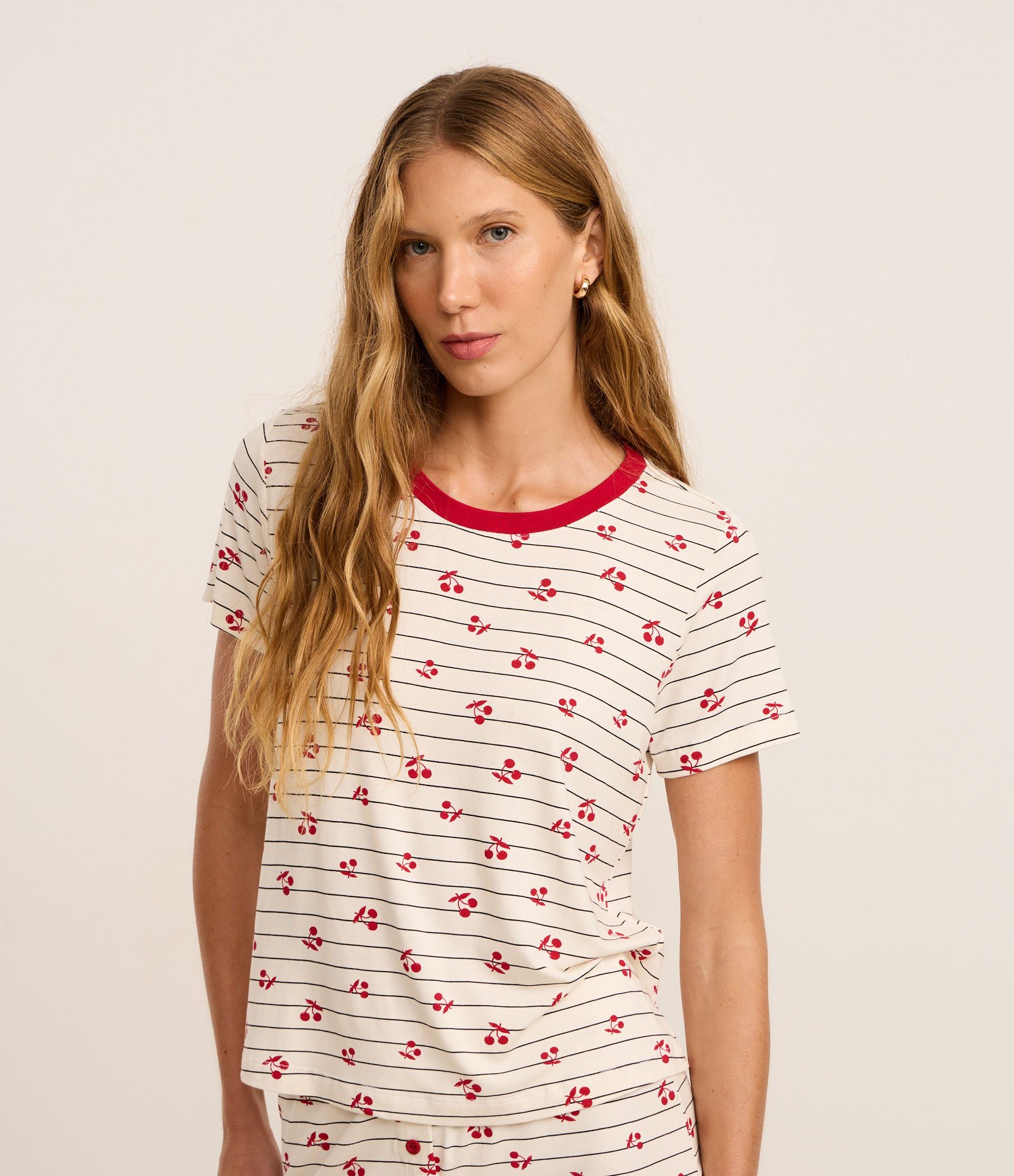 Blusa de Pijama em Viscose Listrada com Cerejinhas Off White 2