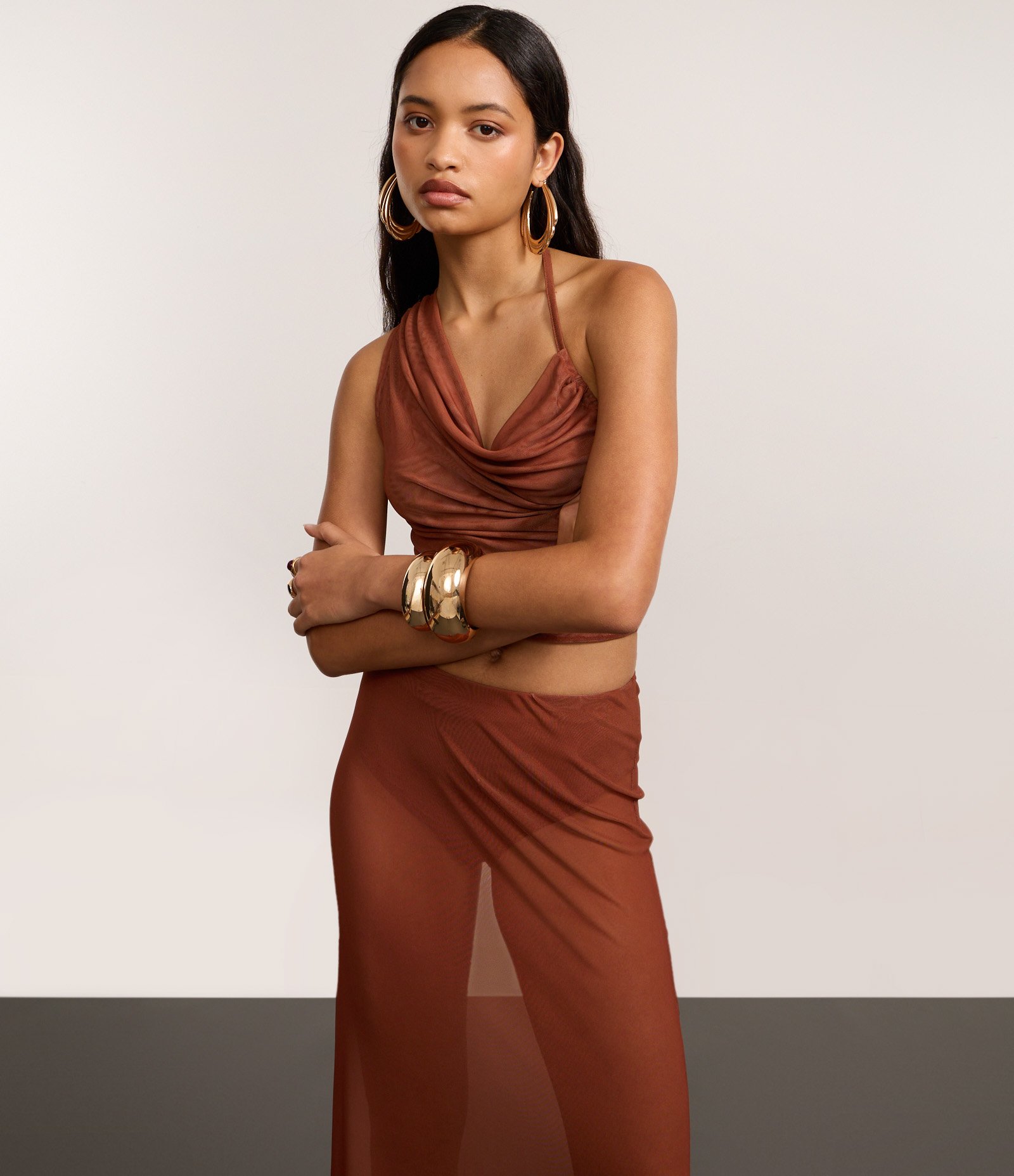 Saia Longa em Tule com Hot Pants Marrom 5