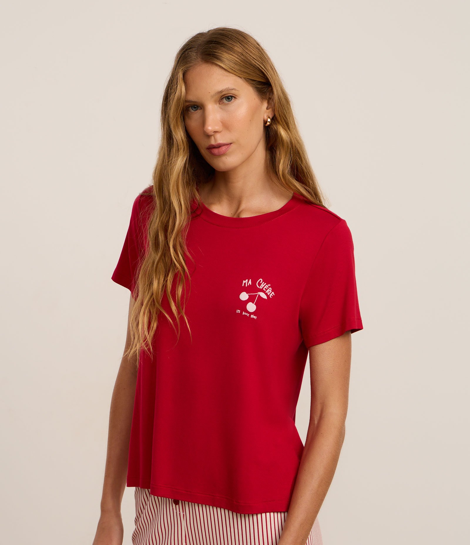 Blusa de Pijama em Viscose com Estampa de Cereja Vermelho 1