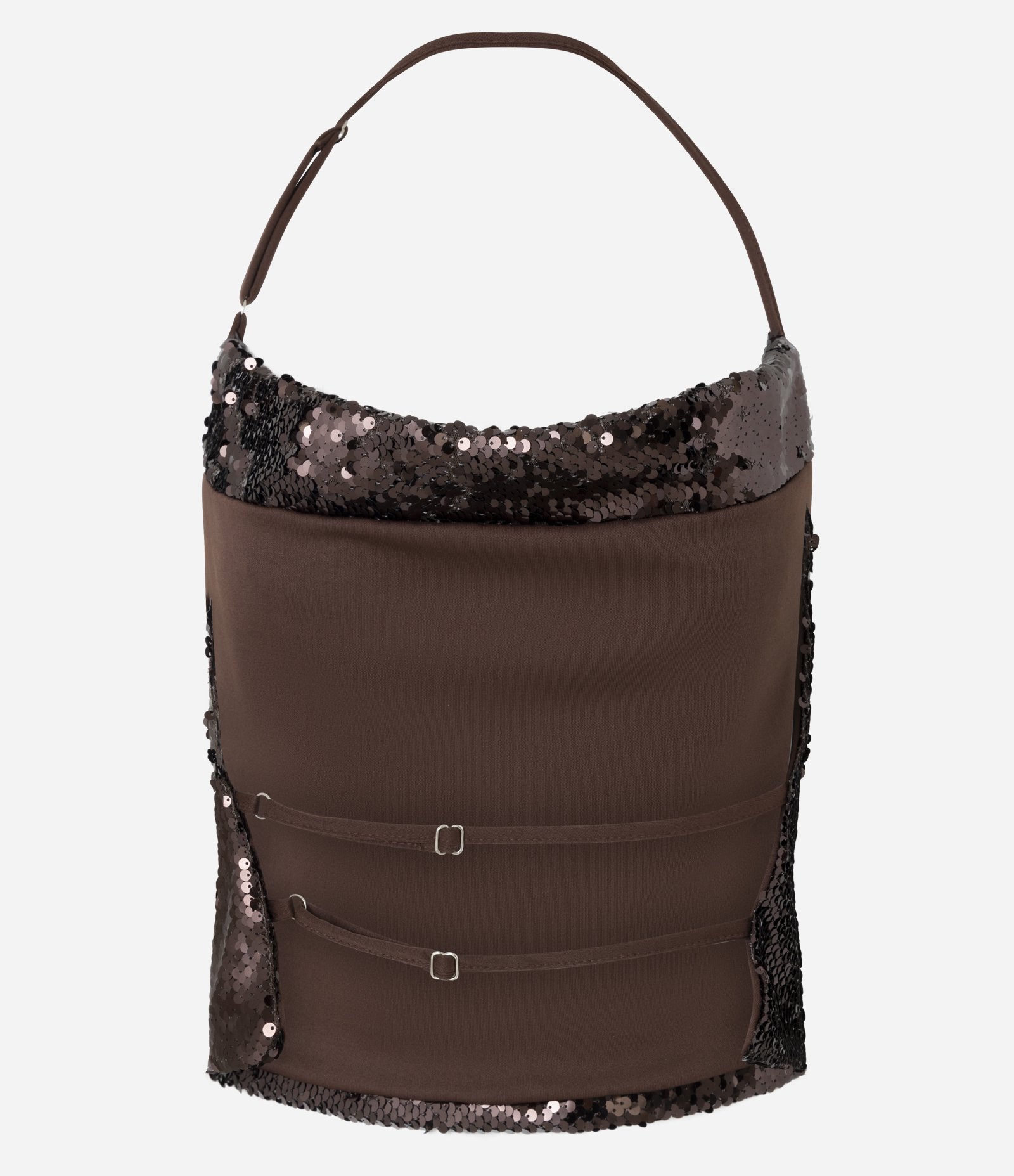 Blusa Frente Única em Paetê com Detalhe De Alças nas Costas Marrom 9