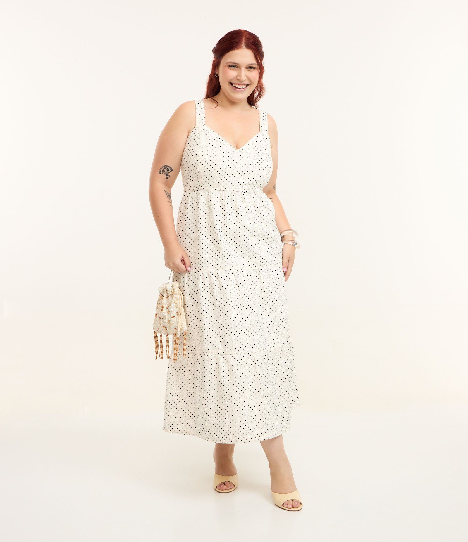 Vestido Midi em Sarja com Estampa Poá Curve & Plus Size Branco 1