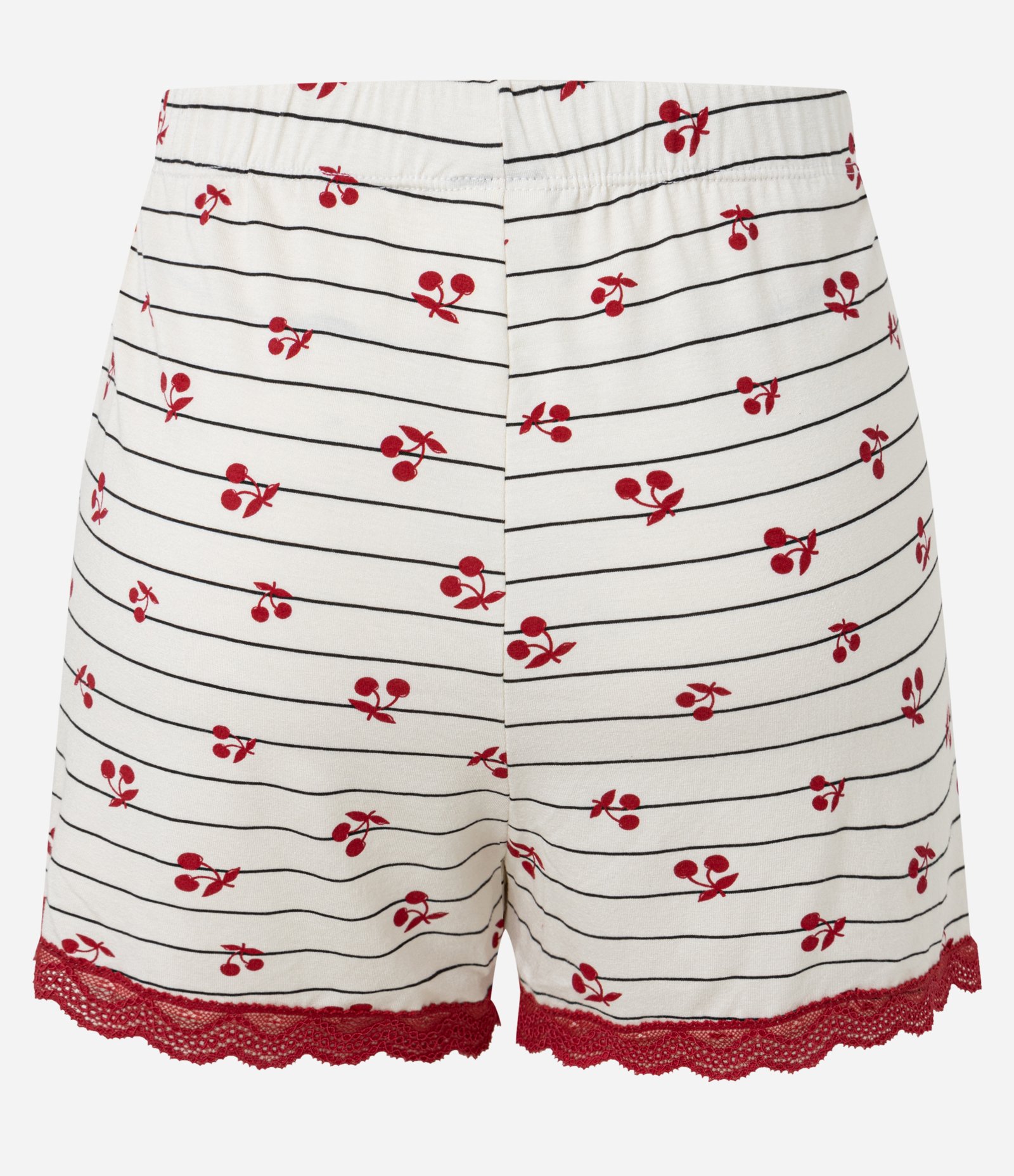Short de Pijama em Viscose Listrada com Cerejinhas e Renda Off White 5