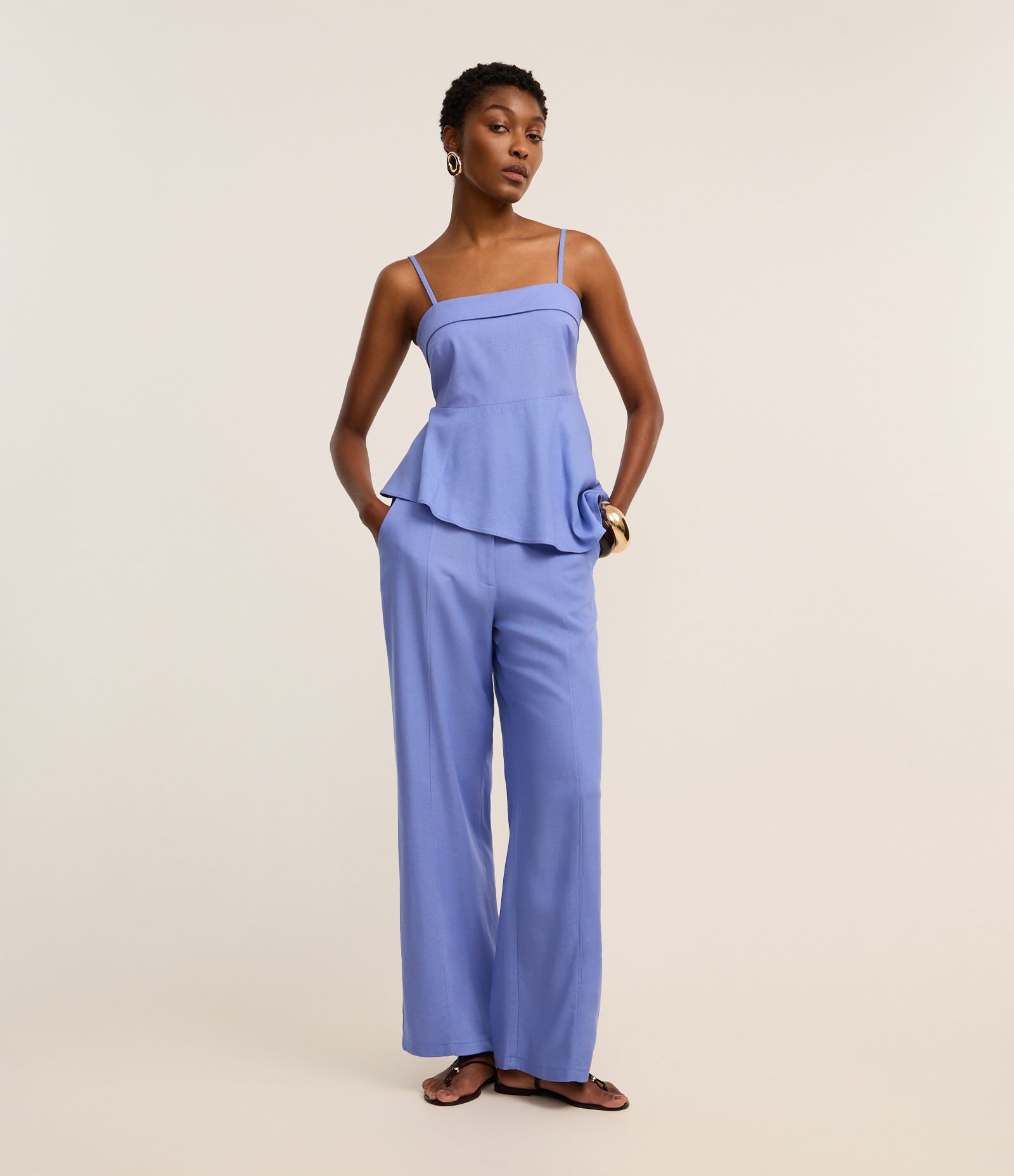 Calça Balloon Cintura Alta em Viscolinho com Azul 1