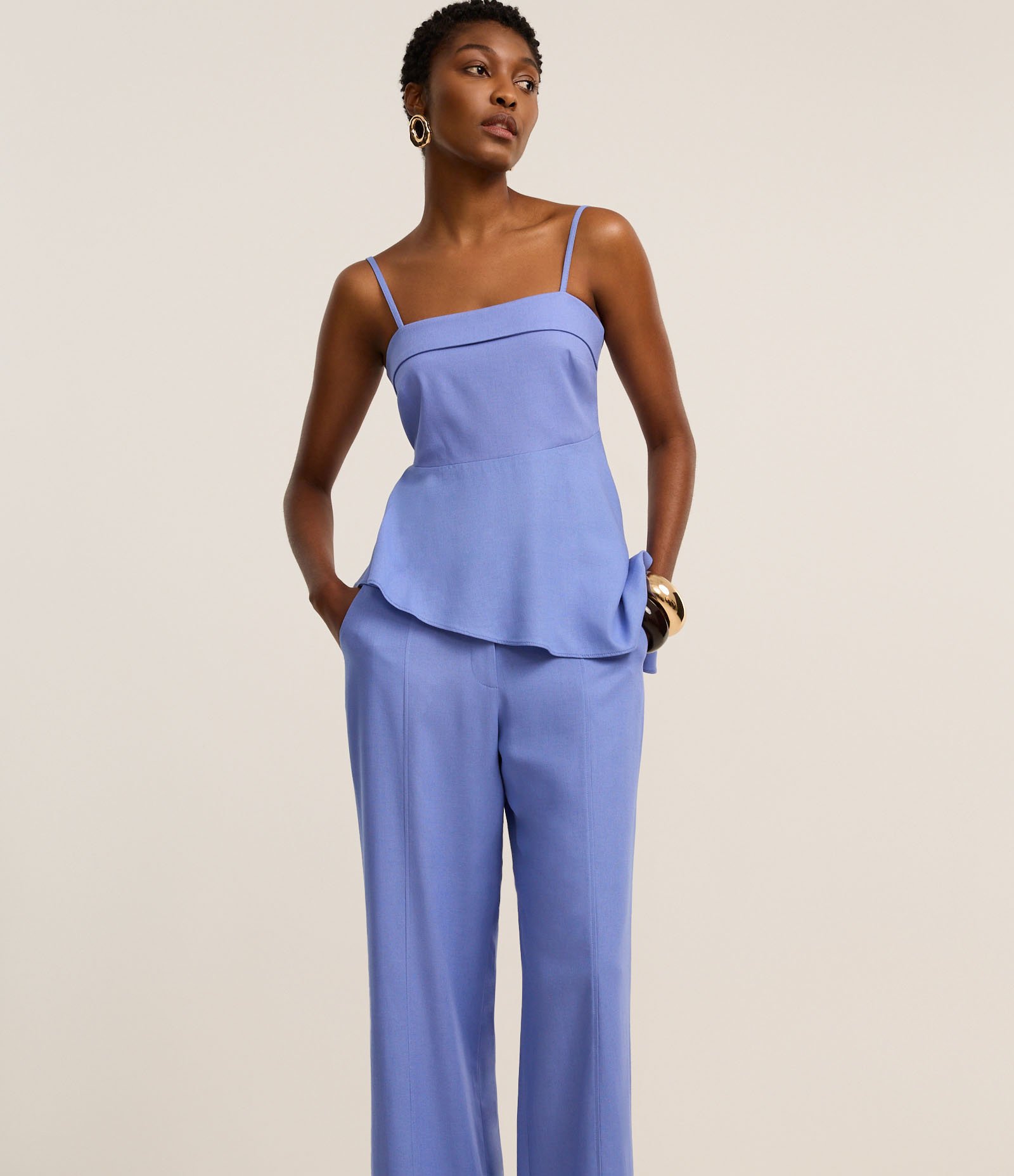 Calça Balloon Cintura Alta em Viscolinho com Azul 2