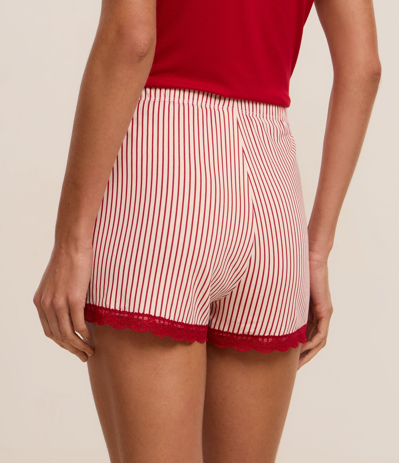 Short de Pijama em Viscose Listrada com Botões e Rendinha Branco/Vermelho 4
