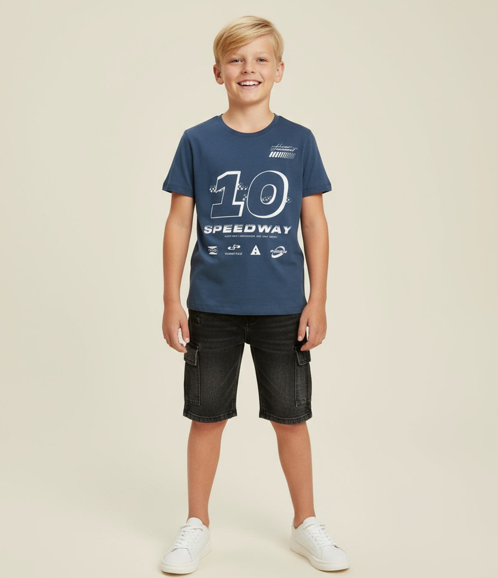 Camiseta Infantil Estampa Frente e Costas Speedway - Tam 5 a 14 Anos Azul 1